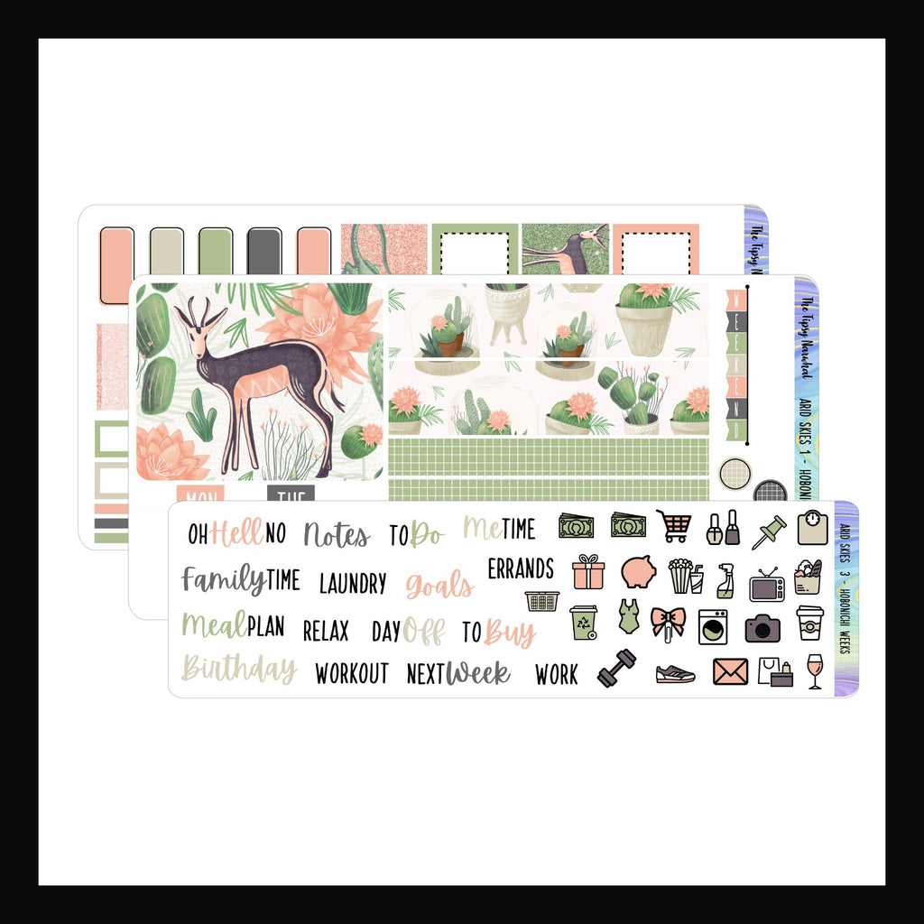 Collection of planner stickers with various designs on a white background