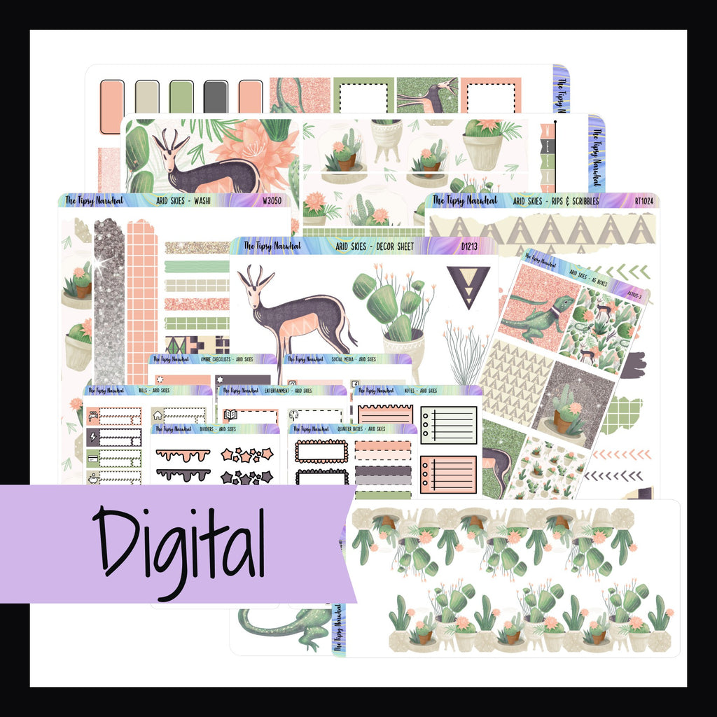 Collection of digital planner stickers with various designs on a white background.