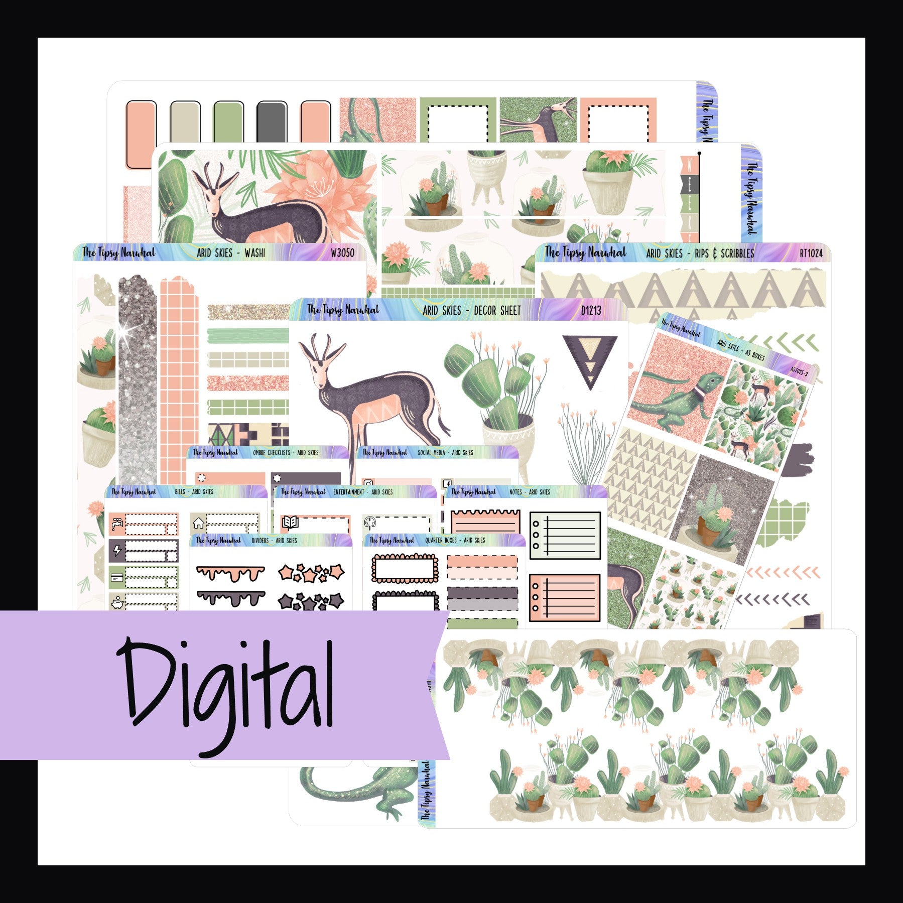 Collection of digital planner stickers with various designs on a white background.