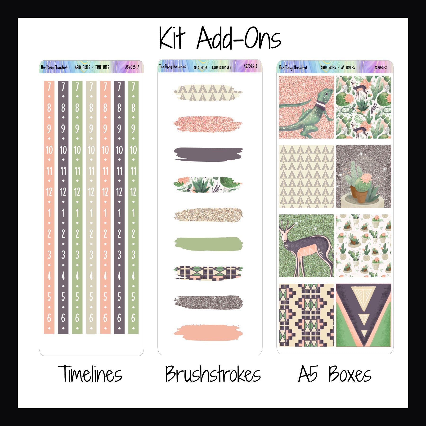 Collection of planner stickers with timelines, brushstrokes, and A5 boxes on a white background.