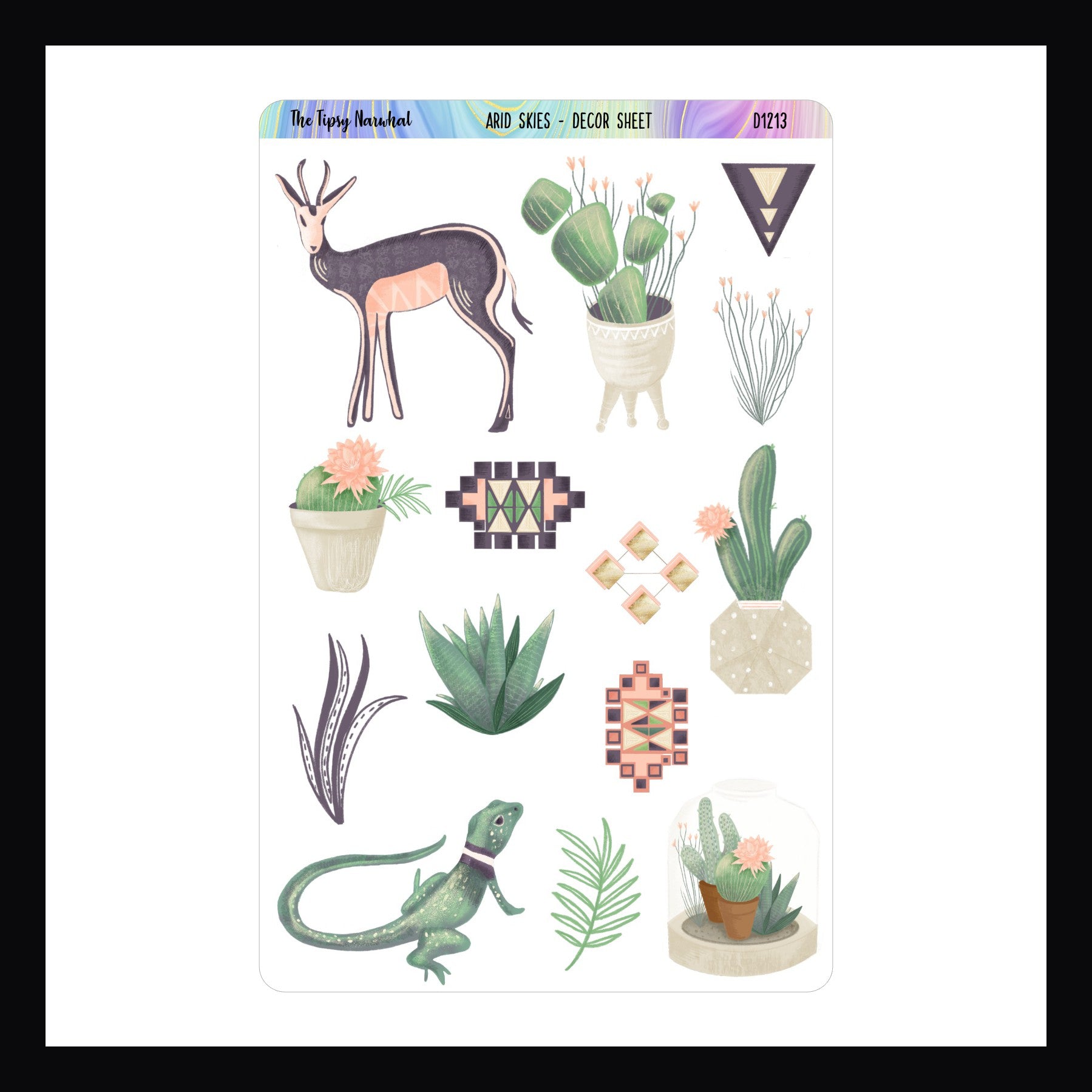 Decorative sticker sheet with plants, animals, and geometric designs on a white background.