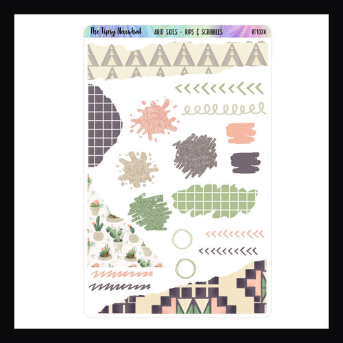 Rips and Scribbles Sticker Sheet - Arid Skies shown on a white background