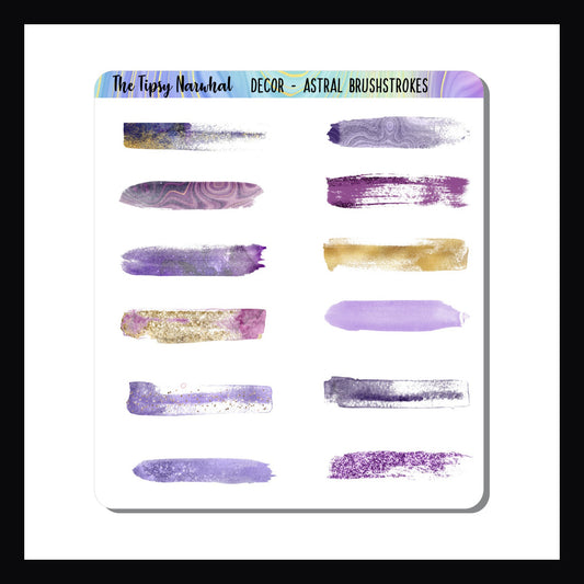 Astral Brushstrokes Sticker sheet is a collection of 12 brushstroke stickers.  Each sticker is a unique design and features hues of lavender, purple, plum and gold. 