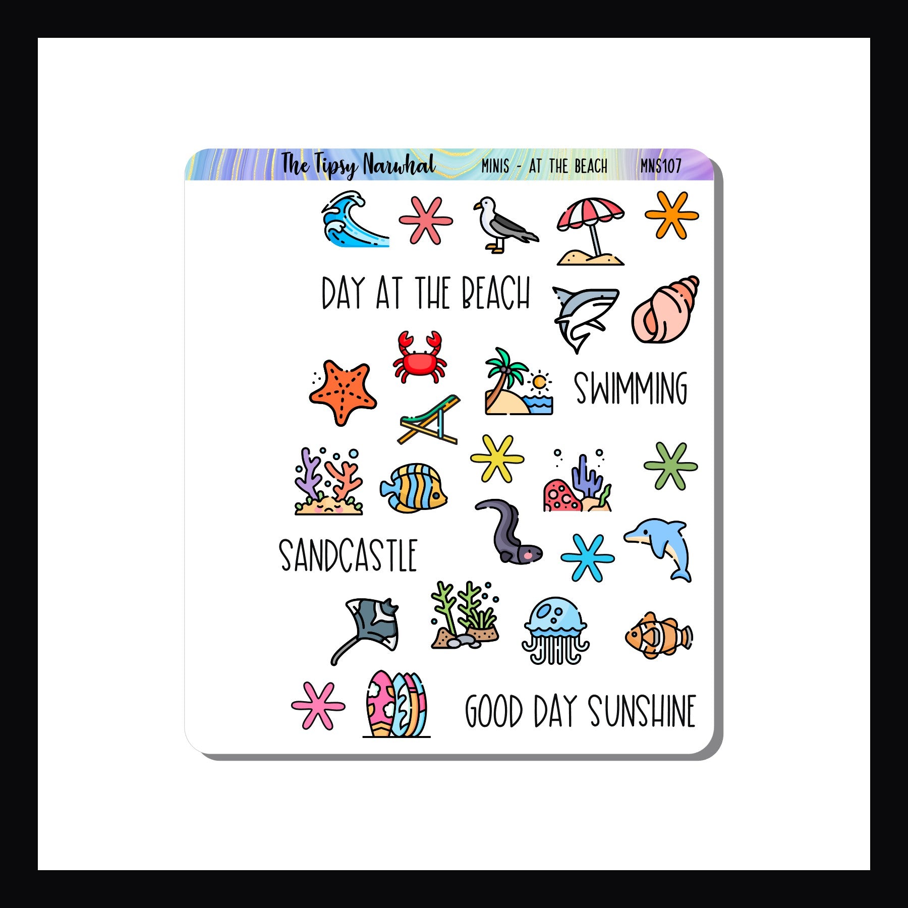 Mini Icon Sheets At the Beach is a 3.5 x 4" sticker sheet featuring various beach icons. Perfect for small format planners, monthly layouts, wall calendars or anywhere you would like to mark a day in the sun.