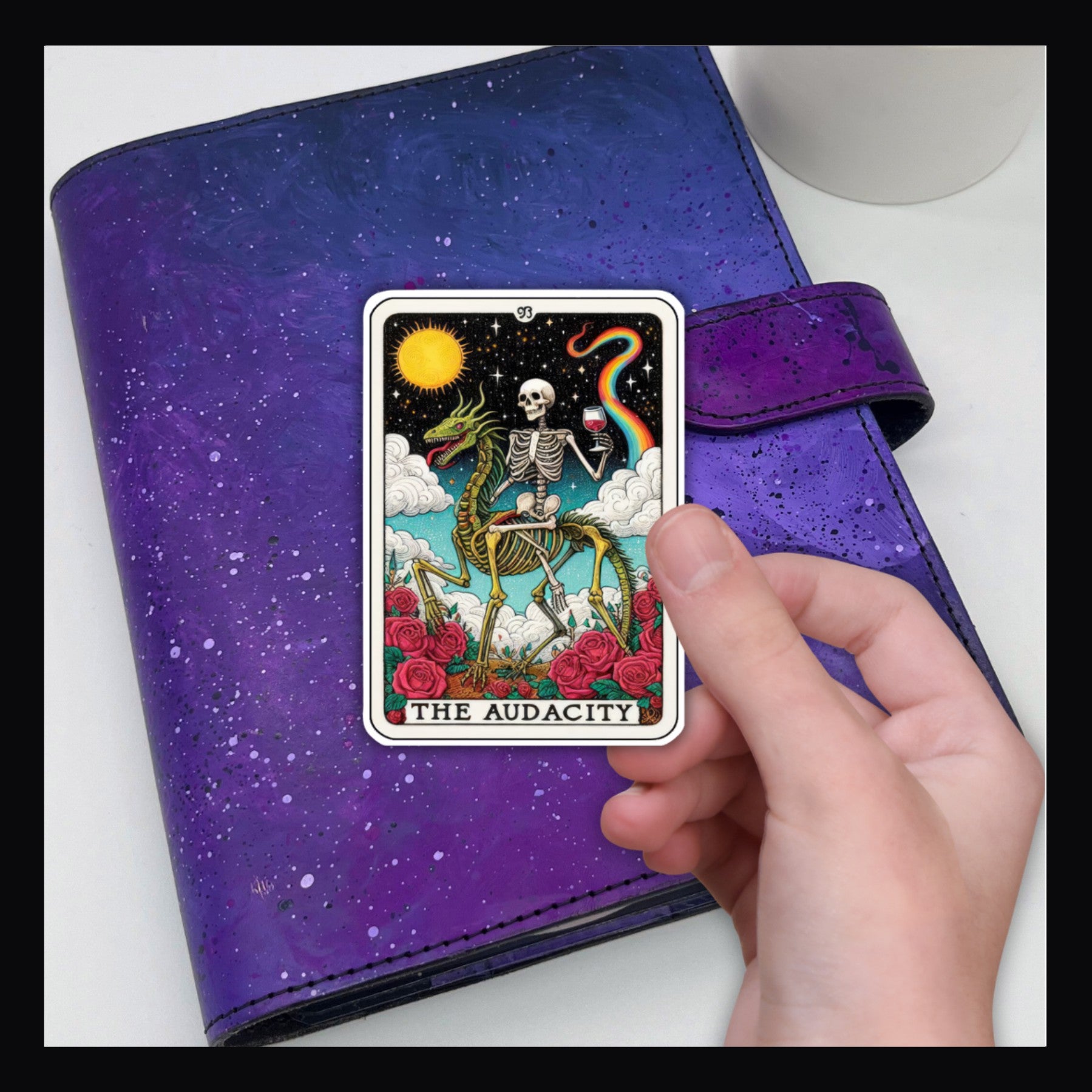 Alternative Tarot Die Cut - The Audacity shown here on a purple planner.