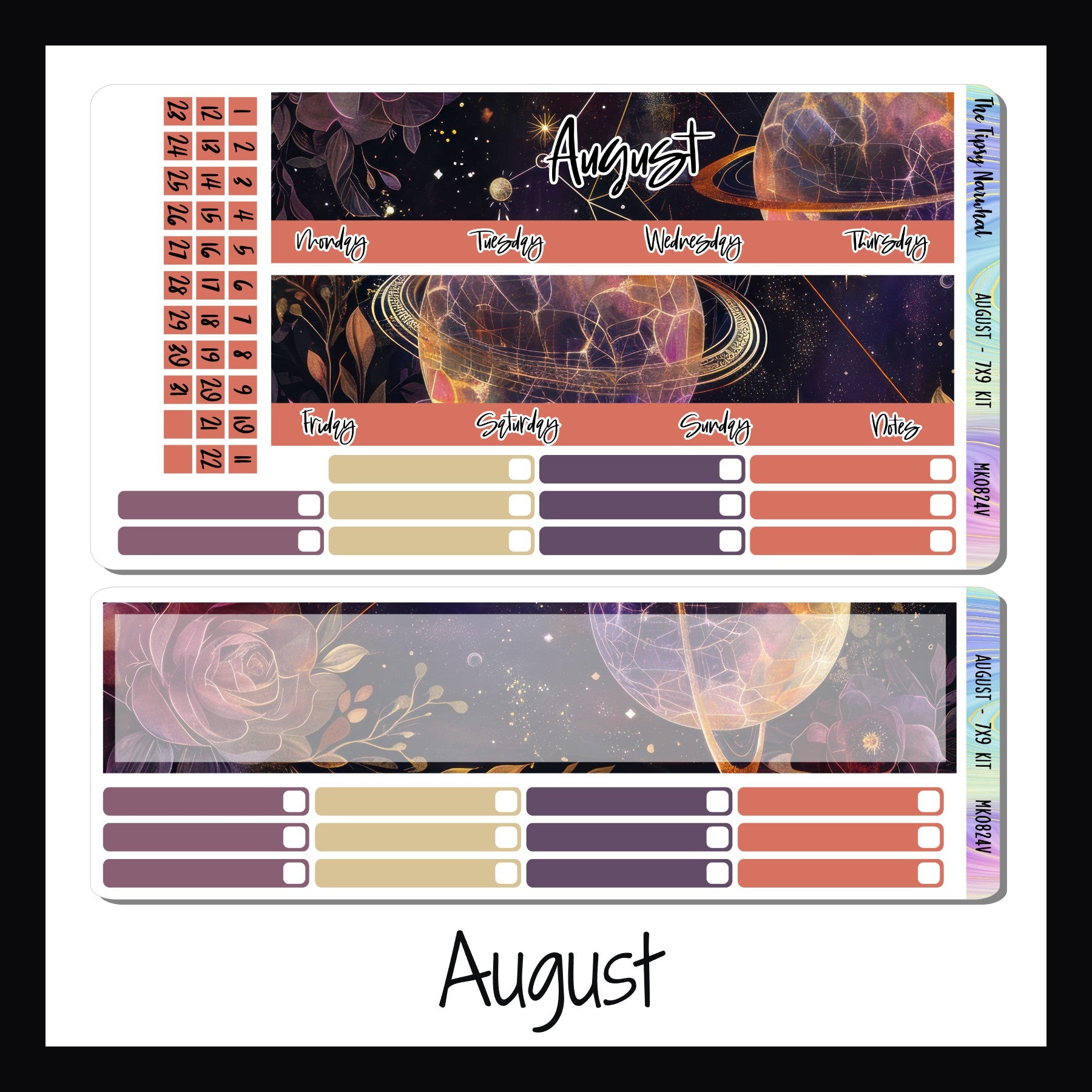 August monthly sticker kit for 7x9 vertical planners.  August design features a plum colored planet with bronze rings, golden constellations and a floral motif.  Colors included are various shades of plums, golds, and bronzes.