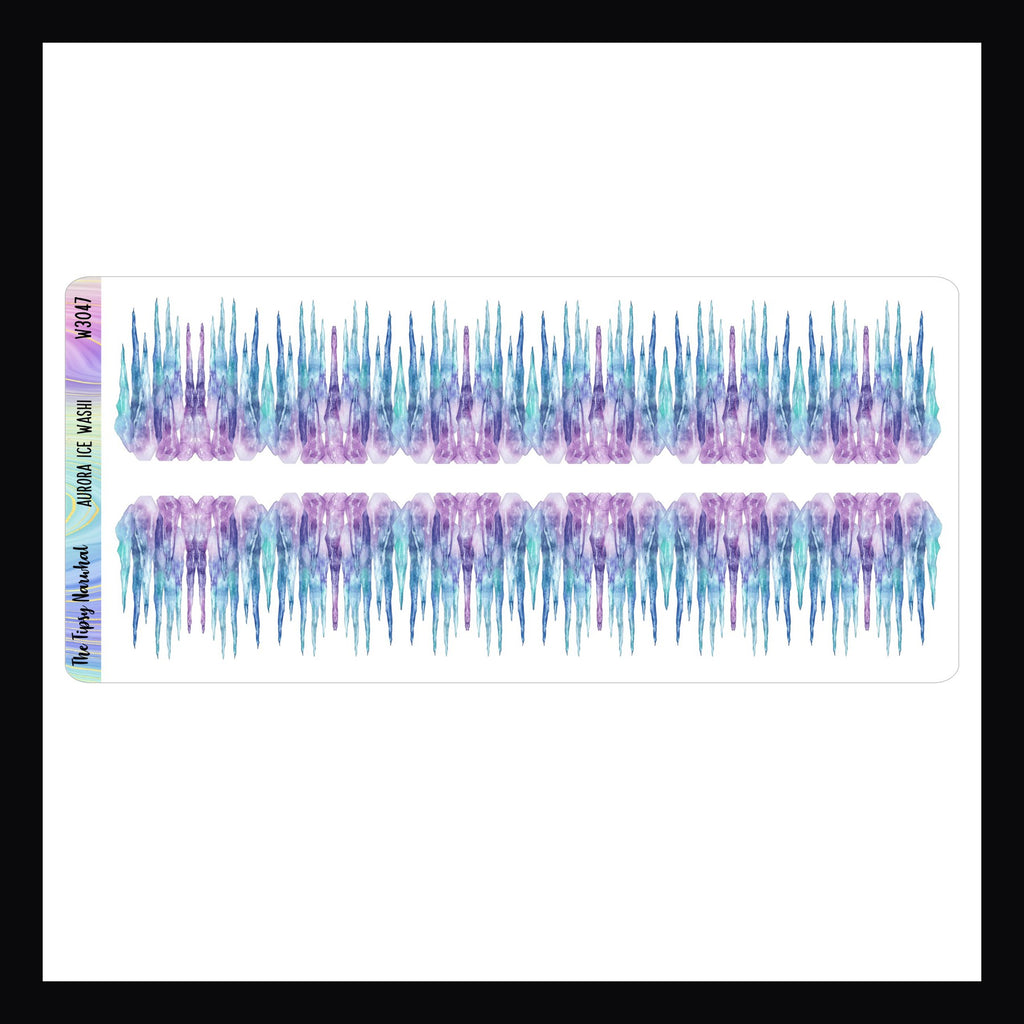 Aurora Ice Washi Sheet, two strips of fancy cut washi featuring icicles colored with the hues of the northern lights. 
