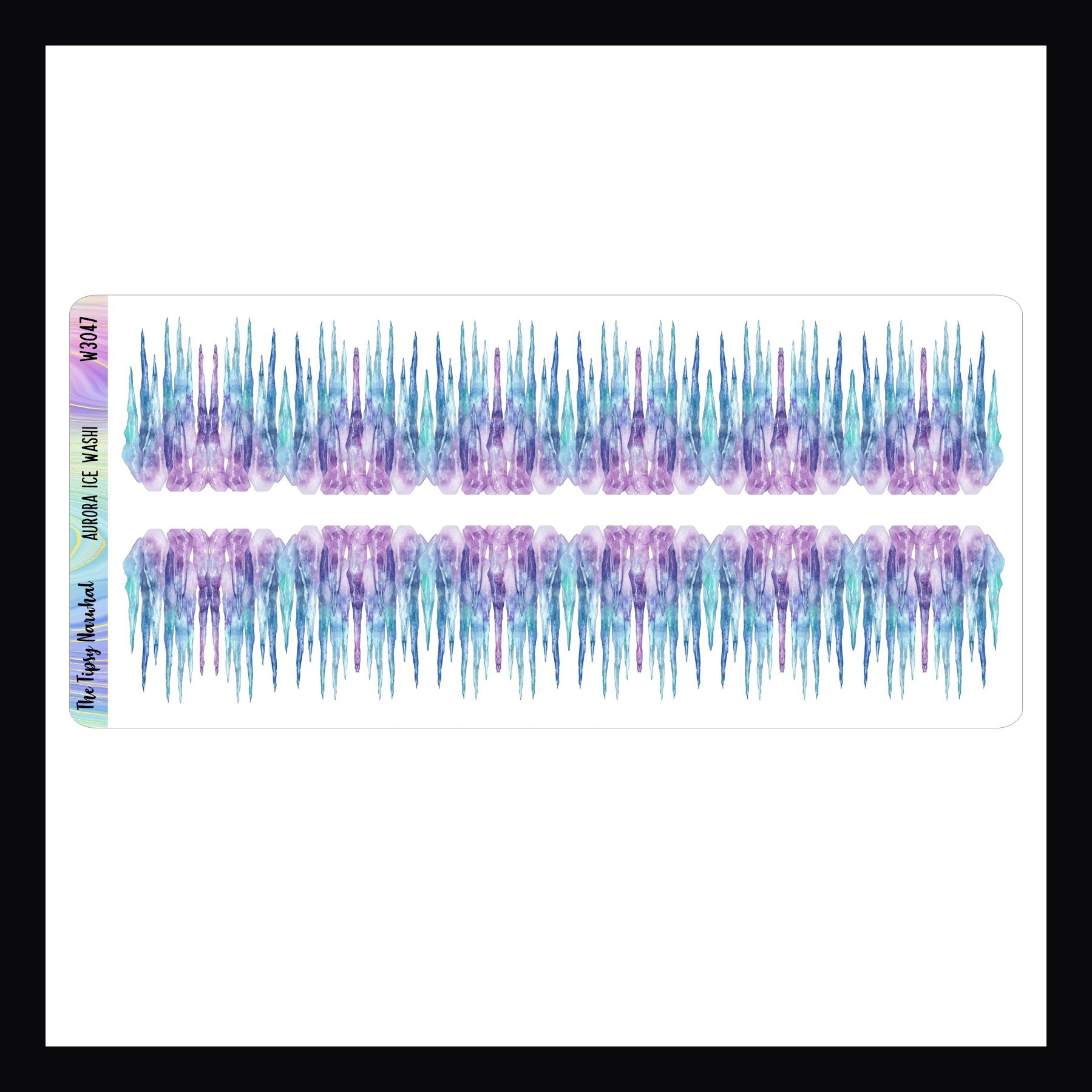 Aurora Ice Washi Sheet, two strips of fancy cut washi featuring icicles colored with the hues of the northern lights. 