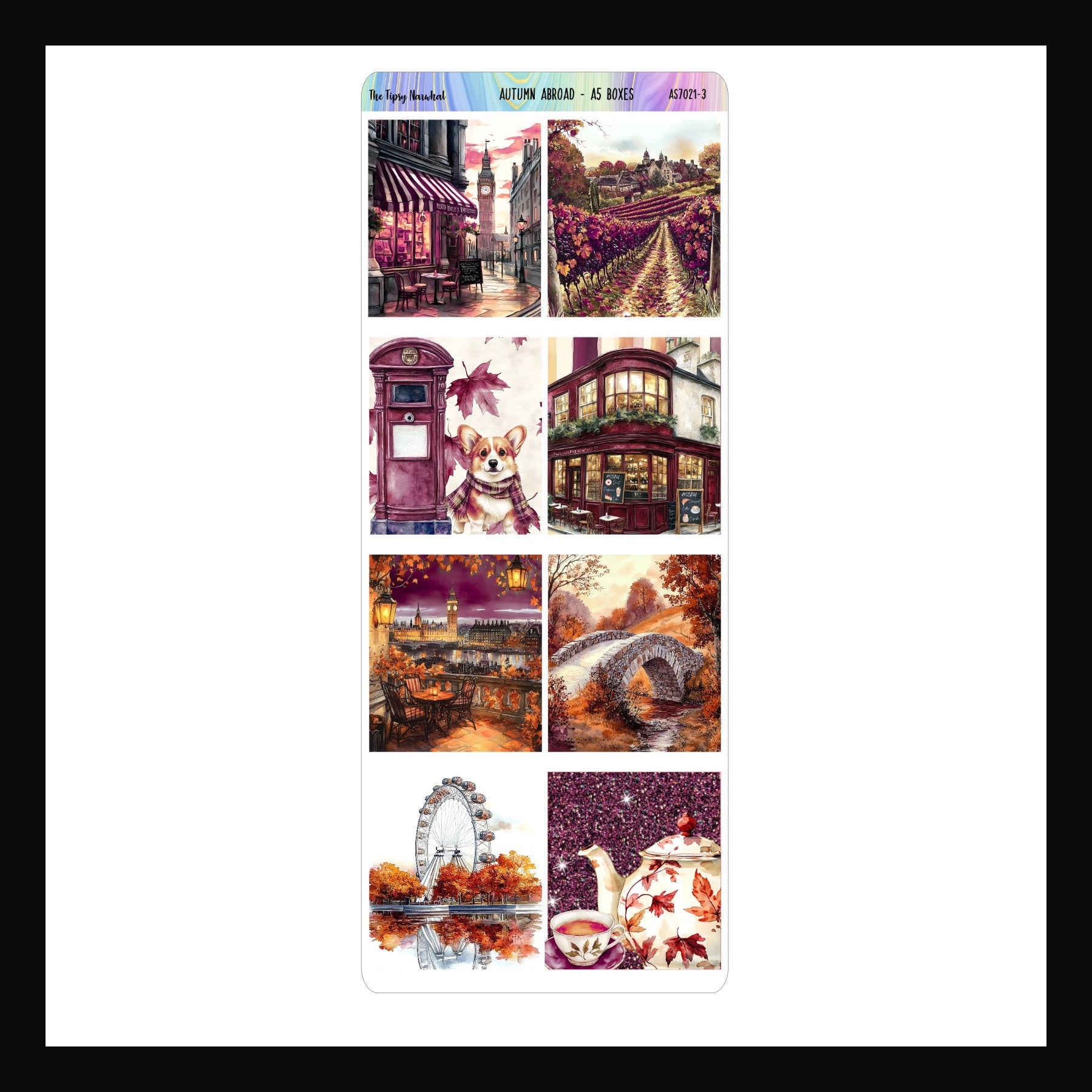 Autumn Abroad A5 Deco Boxes sticker sheet shown on a white background. Features 8 scene stickers matching the Autumn Abroad kits. 