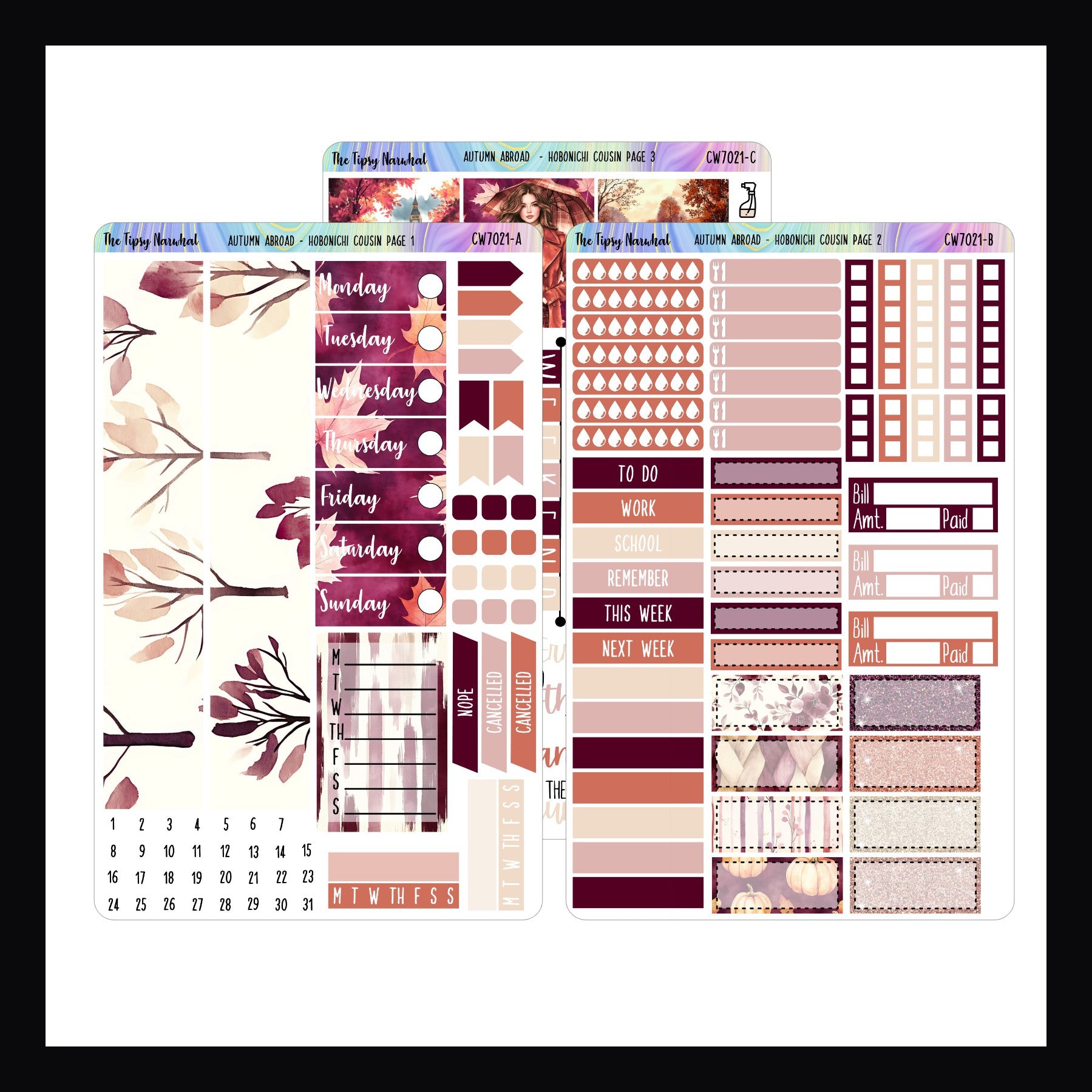 Autumn Abroad Hobonichi Cousin Kit shown on a white background. It's a 3 page kit featuring a travel theme during fall season. 