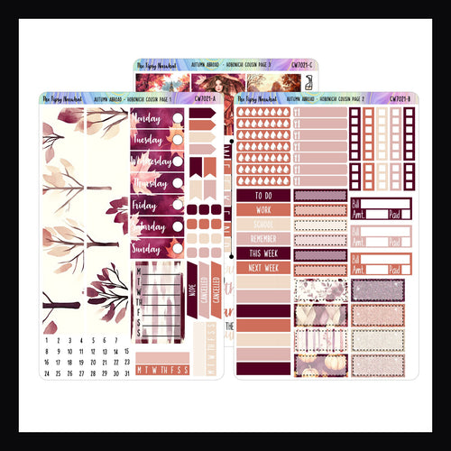Autumn Abroad Hobonichi Cousin Kit shown on a white background. It's a 3 page kit featuring a travel theme during fall season. 