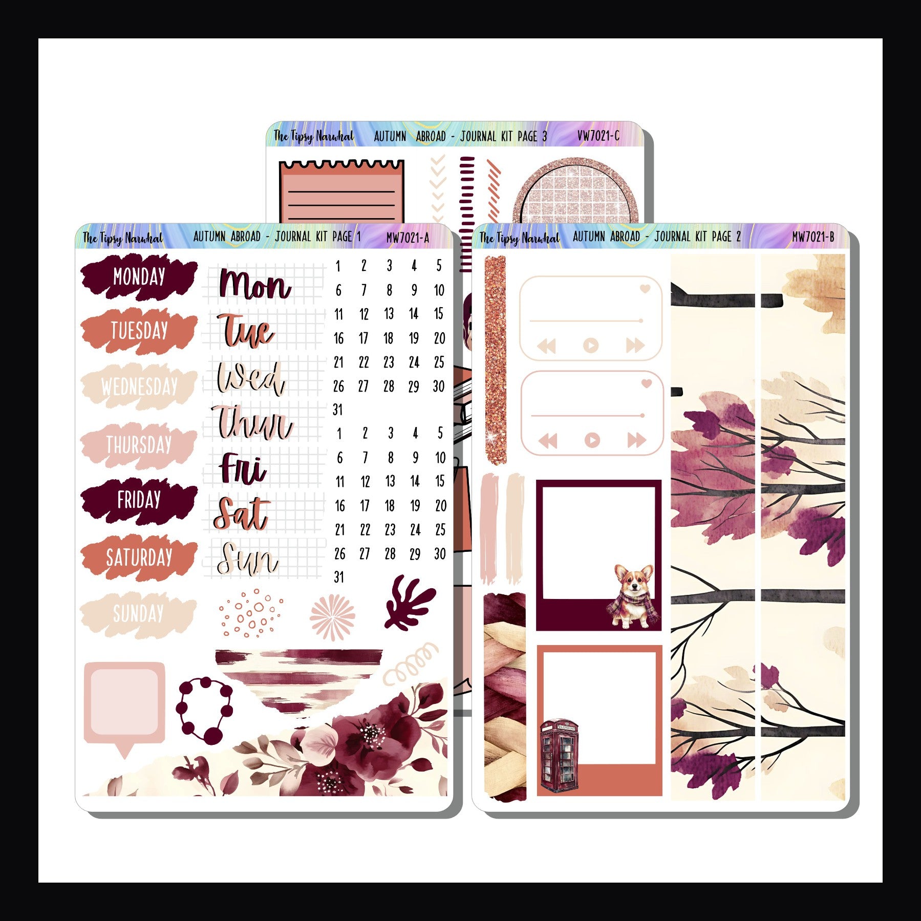 Autumn Abroad Journal Kit shown on a white background. It is a 3 page sticker kit designed with a traveling in autumn theme. 
