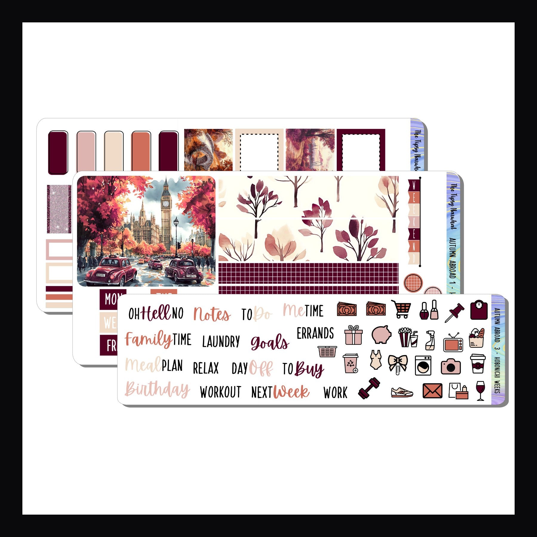 Autumn Abroad Hobonichi Weeks Kit shown on a white background. This kit is 3 pages and features a traveling in autumn theme. 