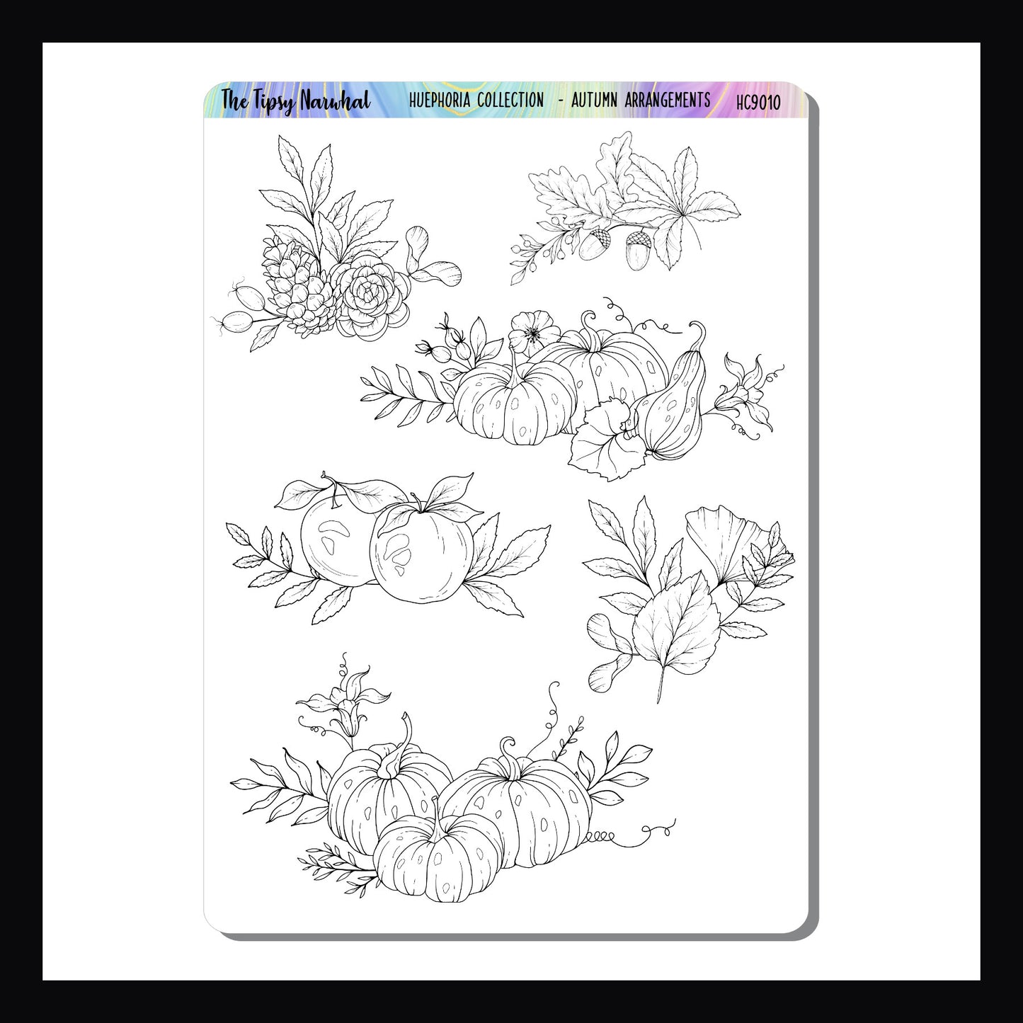 Autumn Arrangements - collection of 6 stickers featuring autumn flowers, leaves, pumpkins and apples.  Black and white stickers for coloring. 