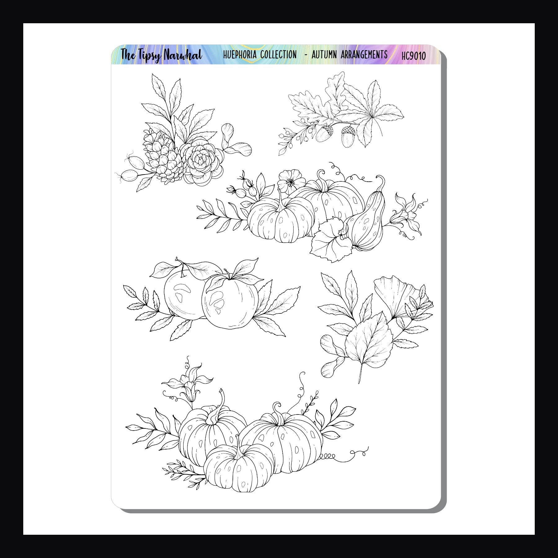 Autumn Arrangements - collection of 6 stickers featuring autumn flowers, leaves, pumpkins and apples.  Black and white stickers for coloring. 