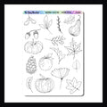 Autumn Foliage sticker sheet featuring various leaves, pumpkins, apples and more ready for coloring. Part of the Huephoria collection. 