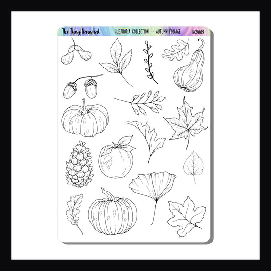 Autumn Foliage sticker sheet featuring various leaves, pumpkins, apples and more ready for coloring. Part of the Huephoria collection. 