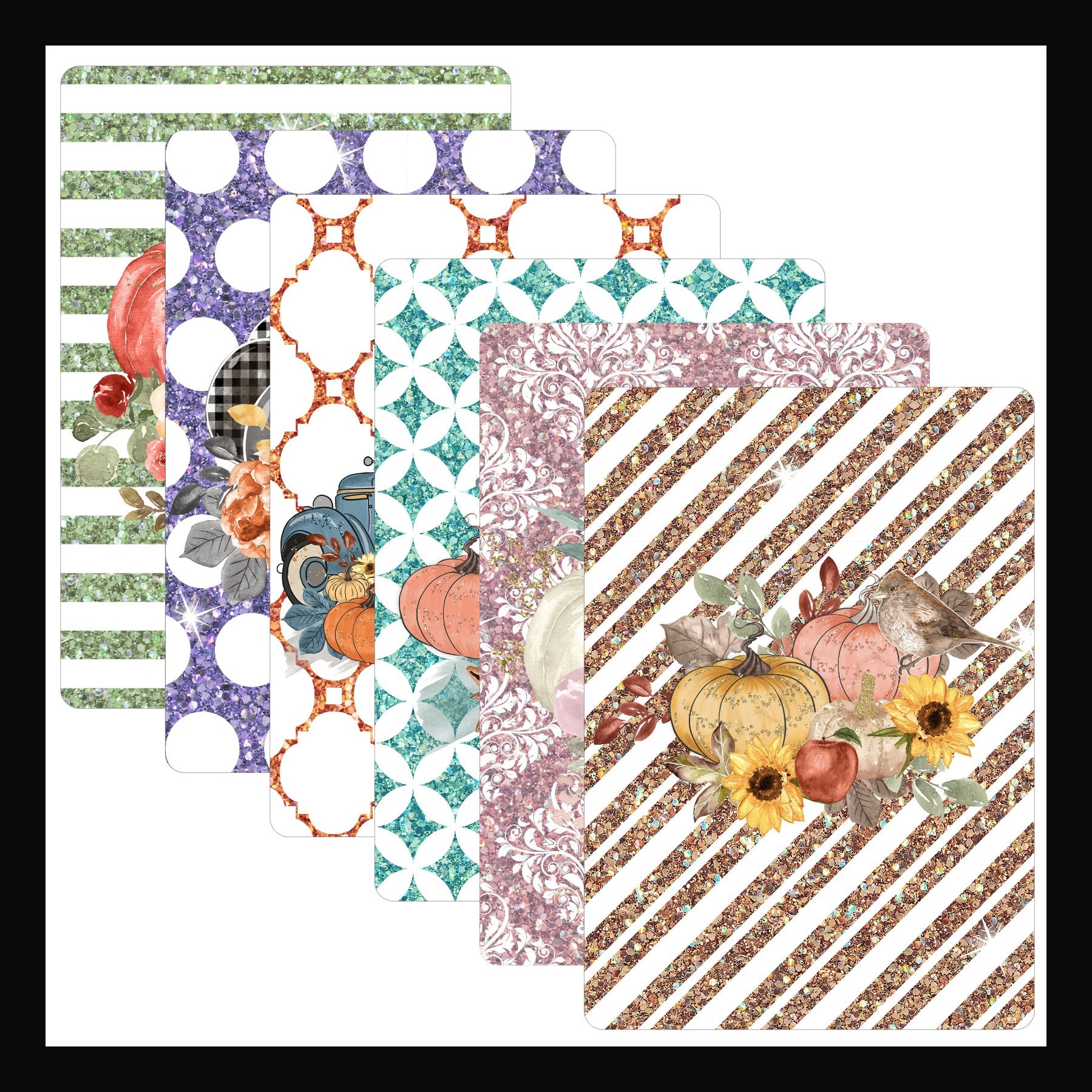 Autum Glitter Kindle Inserts. 6 inserts each with a unique autumn design and matching glitter pattern background.