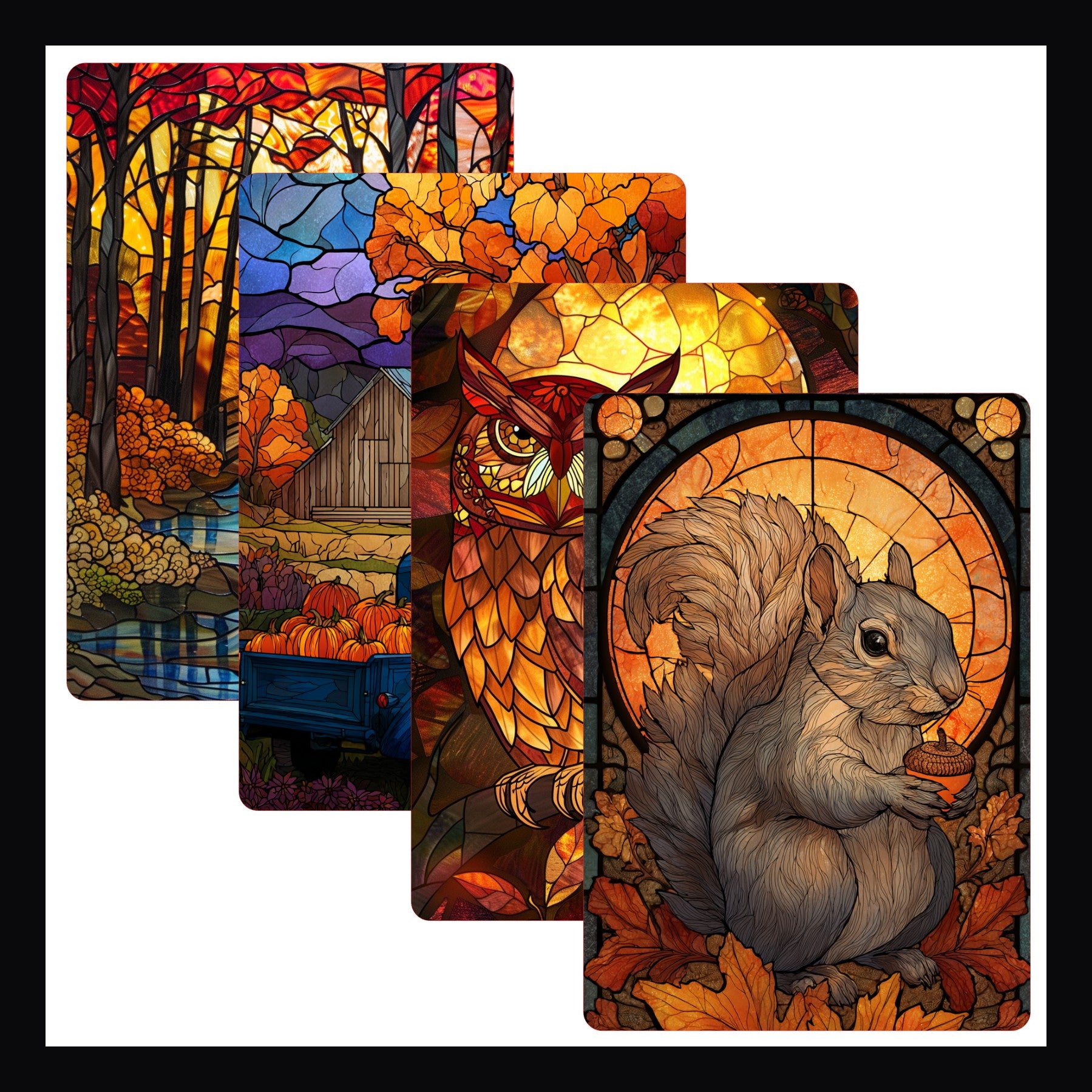 Stained Glass Autumn Kindle Inserts. Set of 4 inserts featuring fall designs like a squirrel, owl, and forest