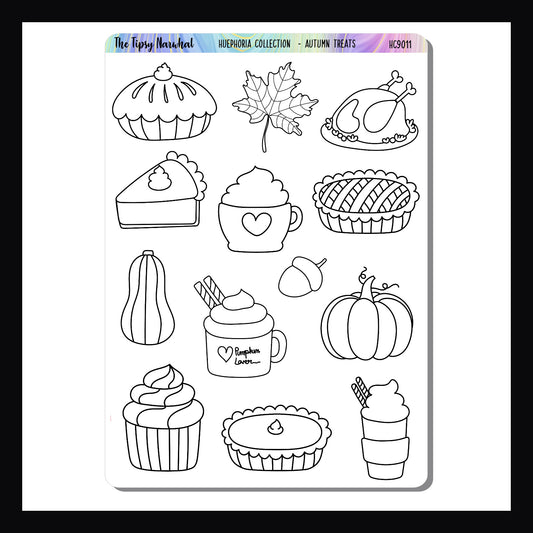 Autumn Treats Sticker Sheet featuring your favorite fall foods and drinks, ready to be colored. Part of the Huephoria sticker collection.