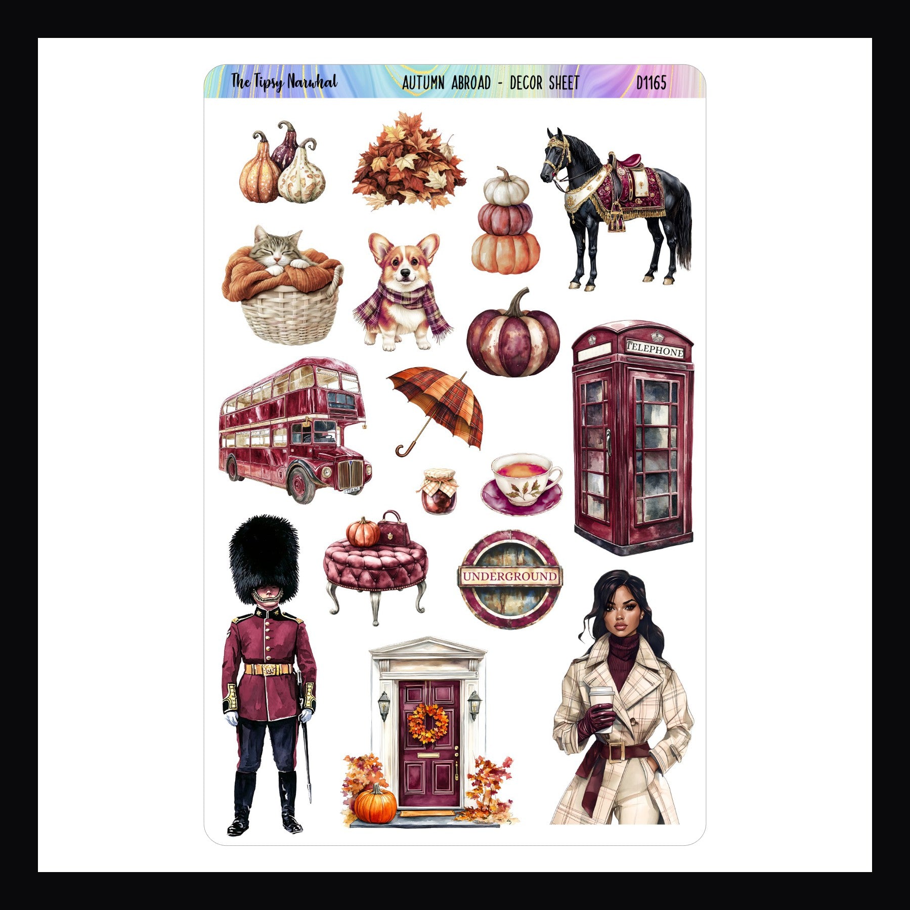 Autumn Abroad Decor Sheet shown on a white background. Features multiple stickers matching the Autumn Abroad weekly kits. 