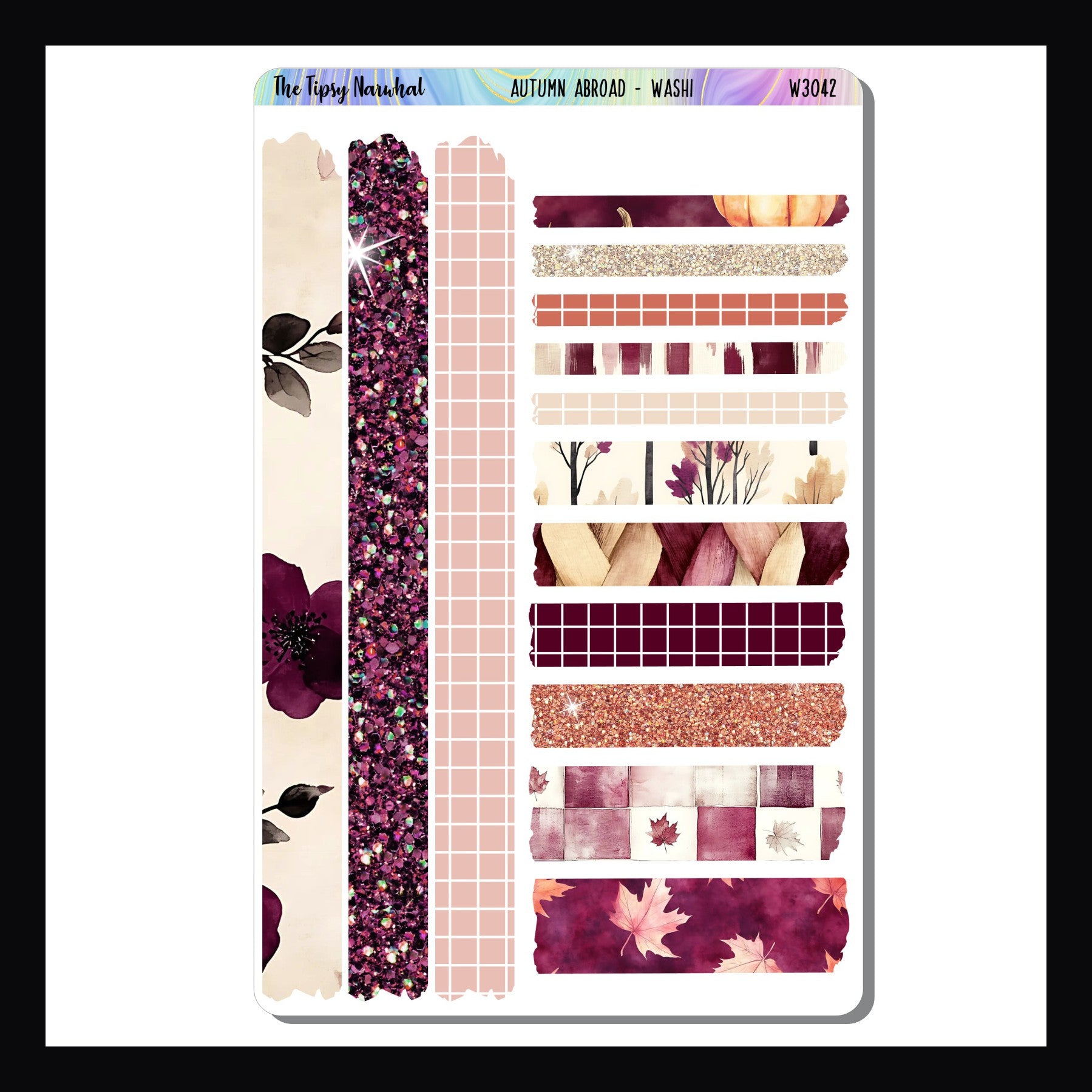 Autumn Abroad Washi Sheet shown on a white background. Sheet features 14 strips of washi style stickers of various sizes. 