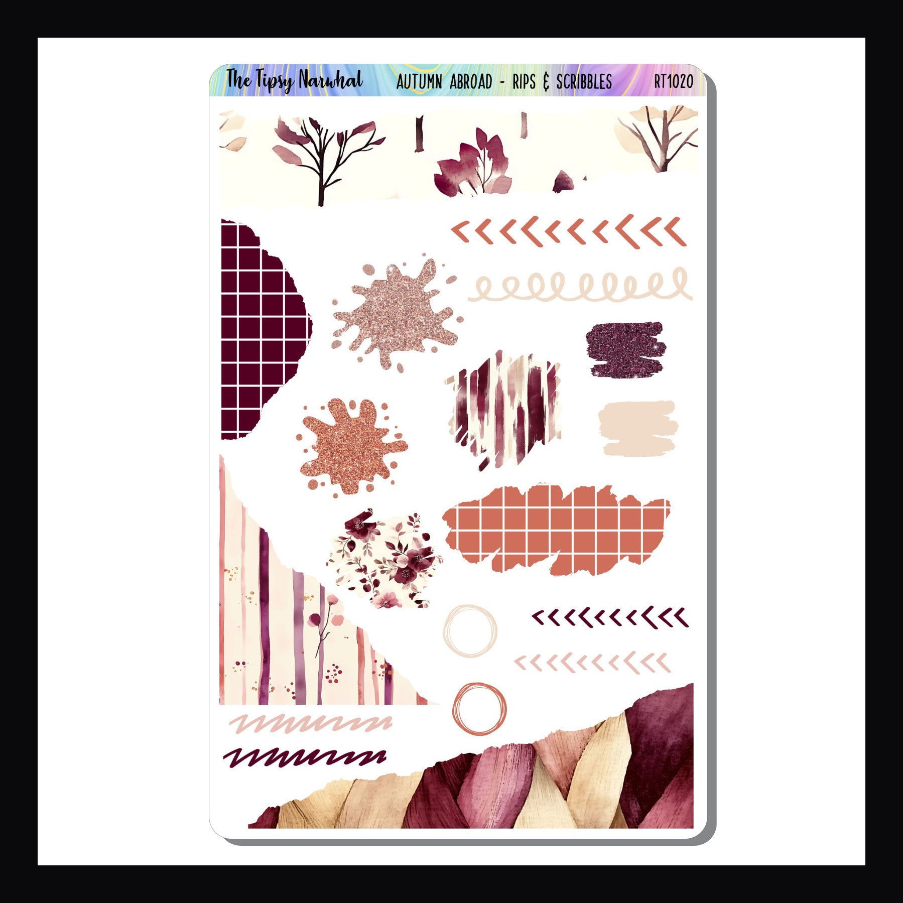 Autumn Abroad Rips & Scribbles sheet shown on a white background. Sheet features multiple stickers with a ripped design. 