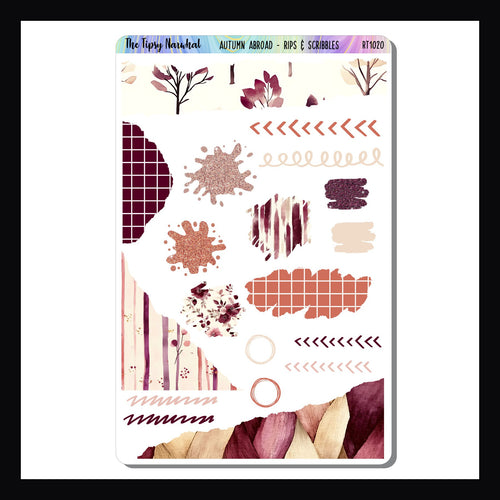 Autumn Abroad Rips & Scribbles sheet shown on a white background. Sheet features multiple stickers with a ripped design. 