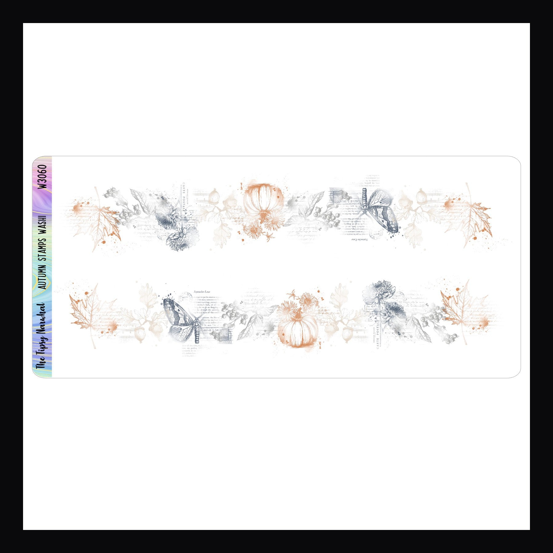 Autumn Stamps Washi Sticker Sheet features two strips of fancy cut washi stickers. The design features a pattern of distressed autumn images in colors of orange, navy and grey. 