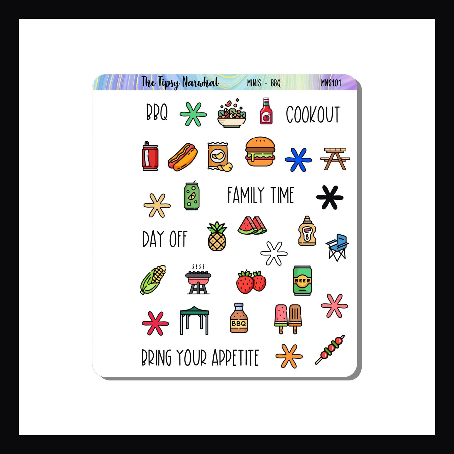 Mini Icon Sheets BBQ is a 3.5 x 4" sticker sheet featuring multiple food item stickers.  Perfect for small format planners, monthly layouts and wall calendars.  