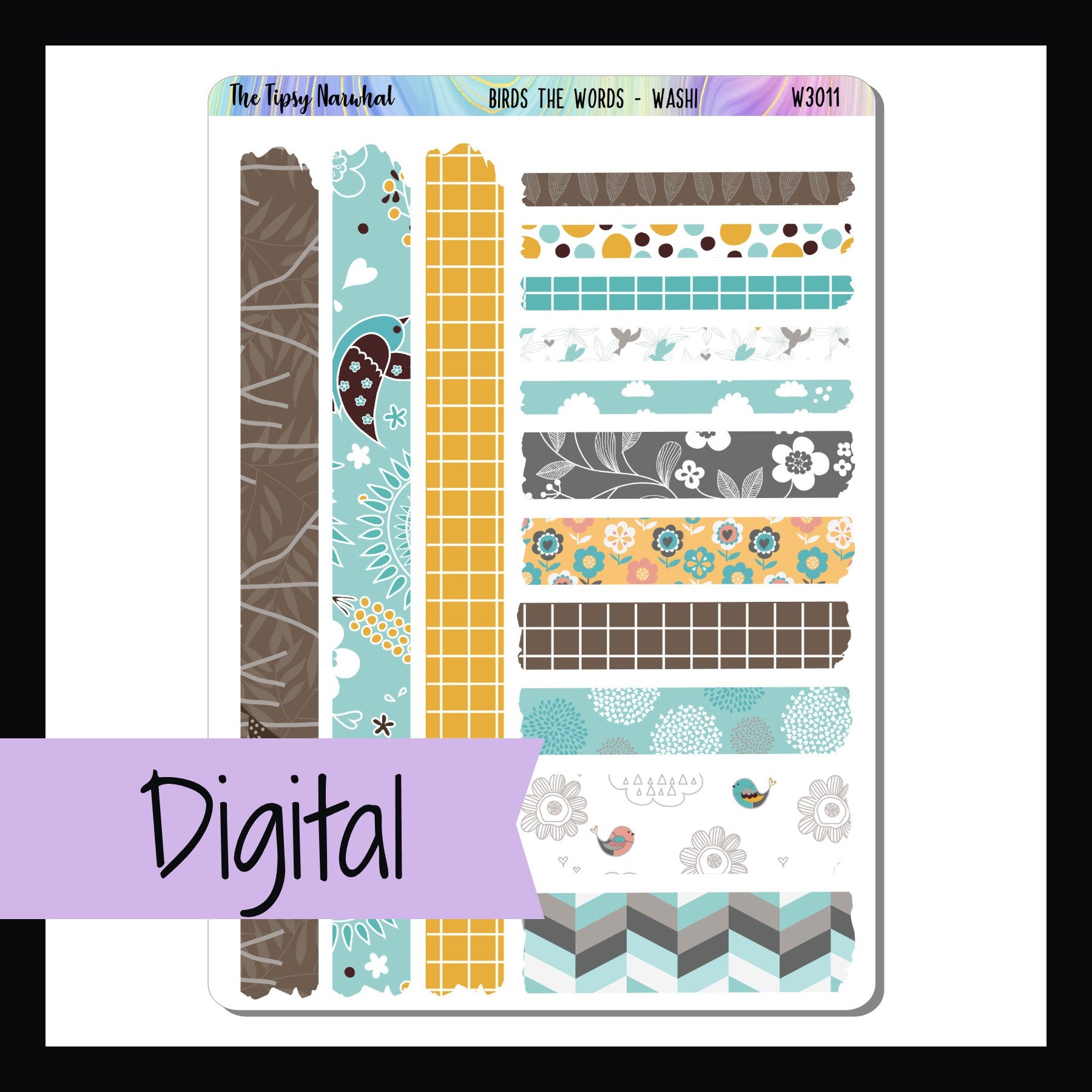 Digital Birds the Word Washi Sheet is a digital/printable version of the standard washi sheet.  It features 14 various washi tape-like stickers with patterns and colors that perfectly coordinate with the Birds the Word kits. 