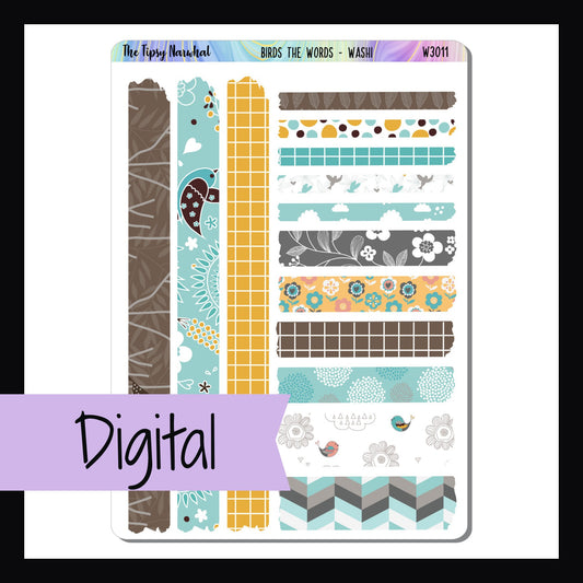 Digital Birds the Word Washi Sheet is a digital/printable version of the standard washi sheet.  It features 14 various washi tape-like stickers with patterns and colors that perfectly coordinate with the Birds the Word kits. 
