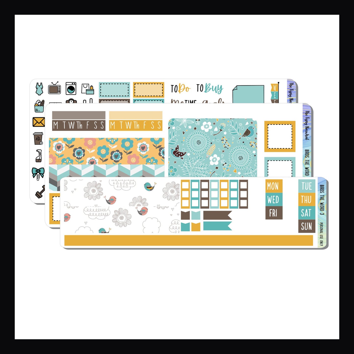 Birds the Word Hobonichi Weeks Kit is a 3 page sticker kit.  It's sized to fit the Hobonichi Weeks and similarly sized planners.  The kit theme is flowers and birds with a bold color palette of yellows, blues and browns. 