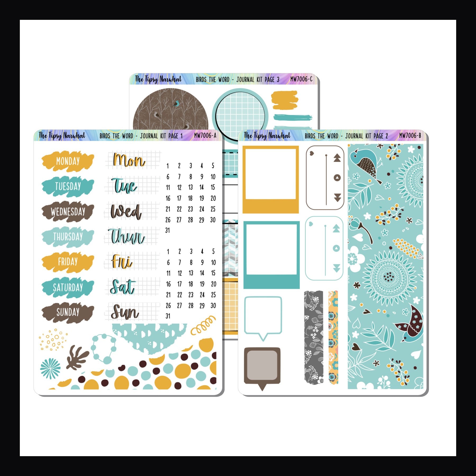 Birds the Word Journal Kit is a 3 page sticker kit focusing on decorative elements to use in various journals.   The theme of this kit is flowers and birds and features a bold color palettes of yellows, blues and browns.