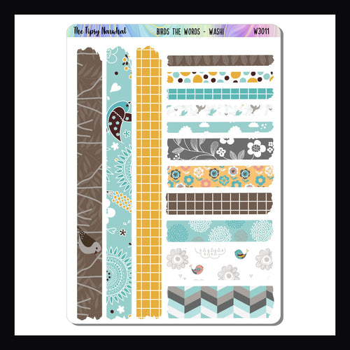Birds the Word Washi Sheet is a sticker sheet featuring 14 strips of washi-like stickers.  Each sticker features a different pattern and matches the Birds the Word kits. 