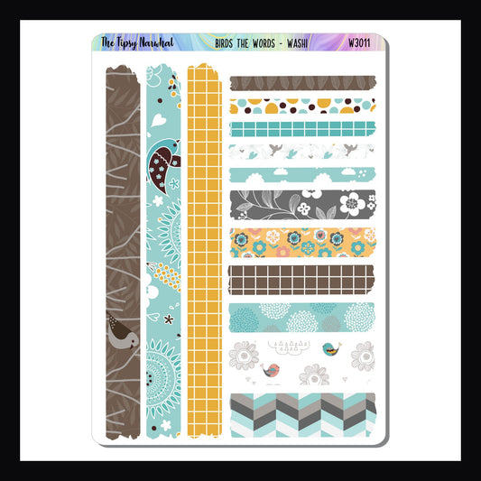 Birds the Word Washi Sheet is a sticker sheet featuring 14 strips of washi-like stickers.  Each sticker features a different pattern and matches the Birds the Word kits. 