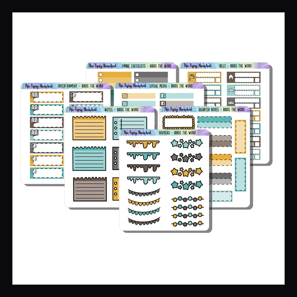 Birds the Word Kit Matching Functionals is a set of 7 functional pages, each with its own functional sticker.  Color palette perfectly matches the Birds the Word kits. 