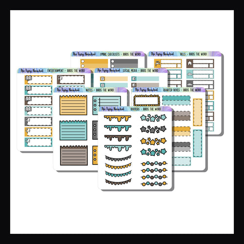 Birds the Word Kit Matching Functionals is a set of 7 functional pages, each with its own functional sticker.  Color palette perfectly matches the Birds the Word kits. 
