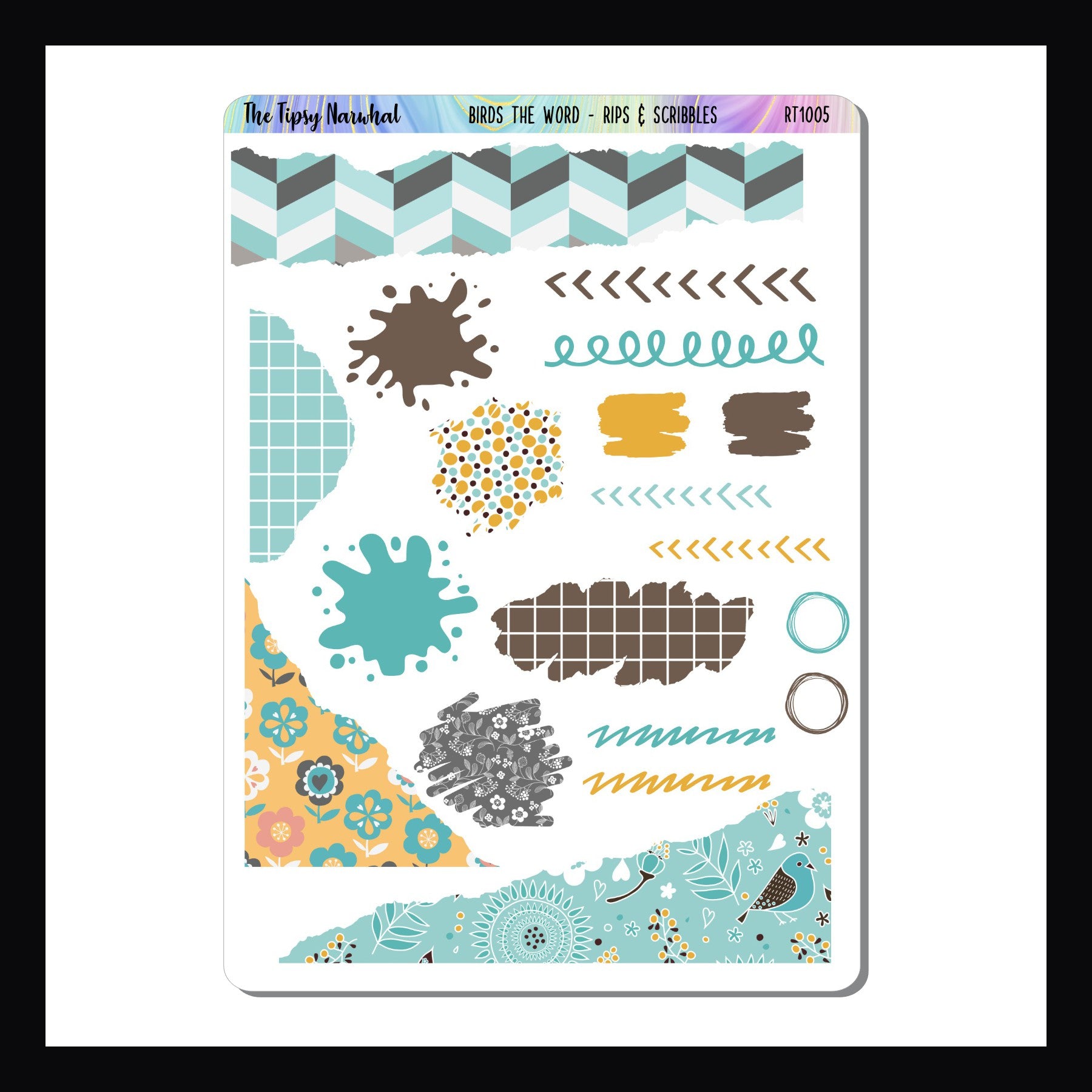 Birds the Word Rips & Scribbles Sheet is a sticker sheet featuring a variety of decorative stickers.  features several scribble stickers, some splash stickers, and several stickers featuring a ripped appearance. 