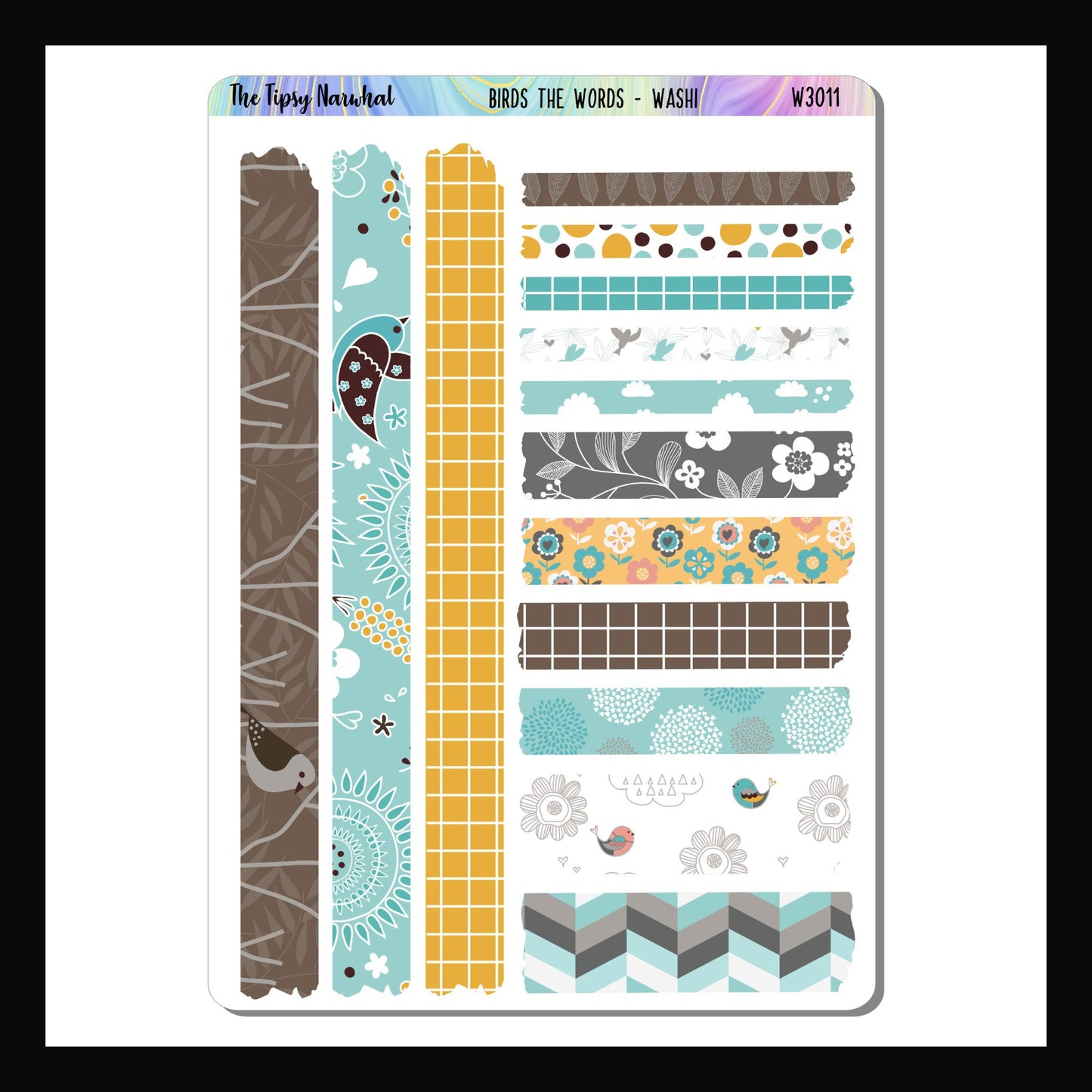 Birds the Word Vertical  Kit - Washi Sheet is a matching add on sheet featuring 14 different sized washi strips all with a unique pattern matching the Birds the Word Kit. 