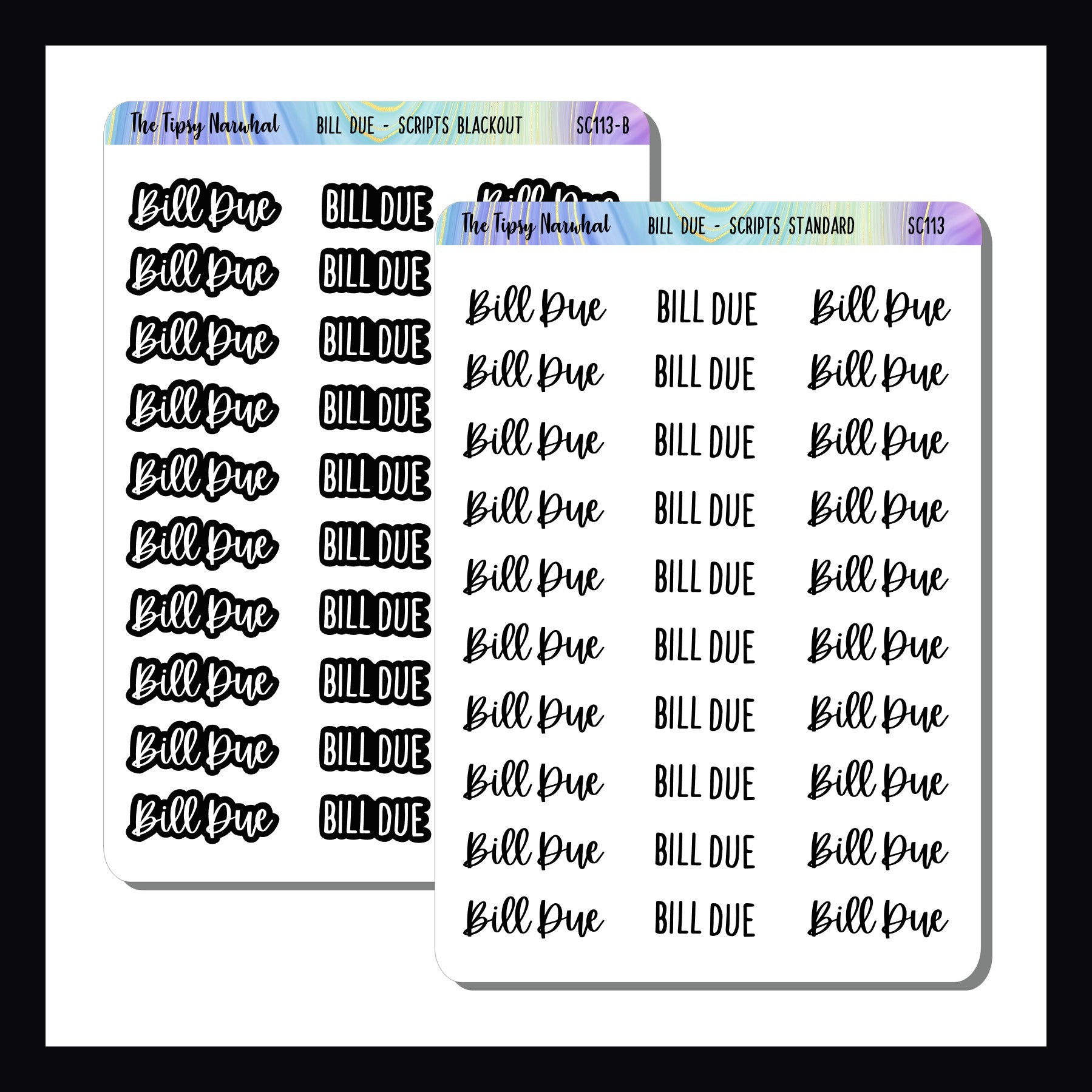 Two sheets of 'Bill Due' labels with a rainbow border on a white background.