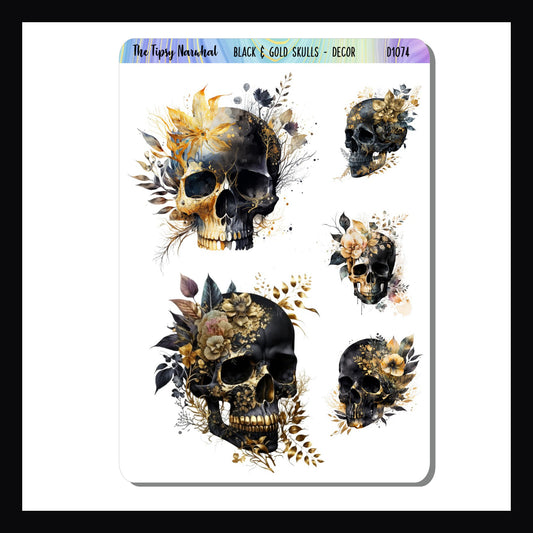 Black & Gold Skulls Decor sheet is a 3.5 x 5 inch sticker sheet with 5 skull stickers all with a gold floral theme.  5 stickers total each with a unique design and size. 
