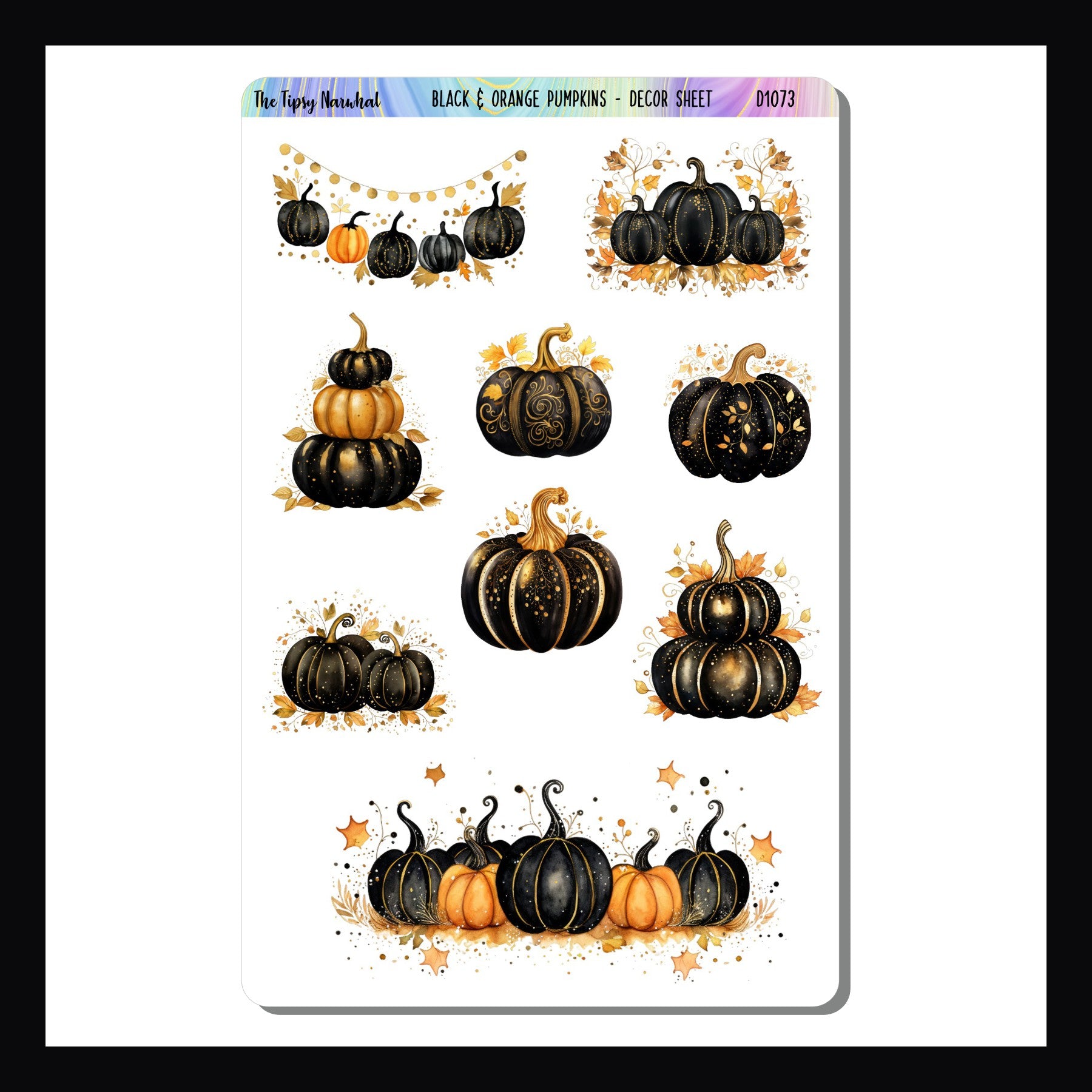  Black & Orange Pumpkins Decor sheet is a 4.5 x 7 inch sticker sheet.  Each sticker features a unique pumpkin design and varies in size. 9 stickers in total.