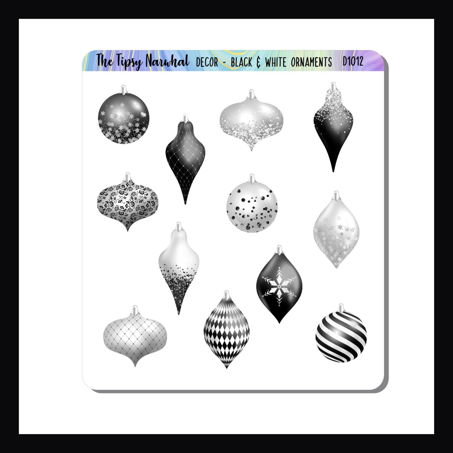 Black & White Ornament Sticker Sheet, holiday ornaments, christmas ornaments, black and white baubles, bulbs, christmas stickers, holiday stickers, festive stickers, snowflakes, glitter, sequins, 