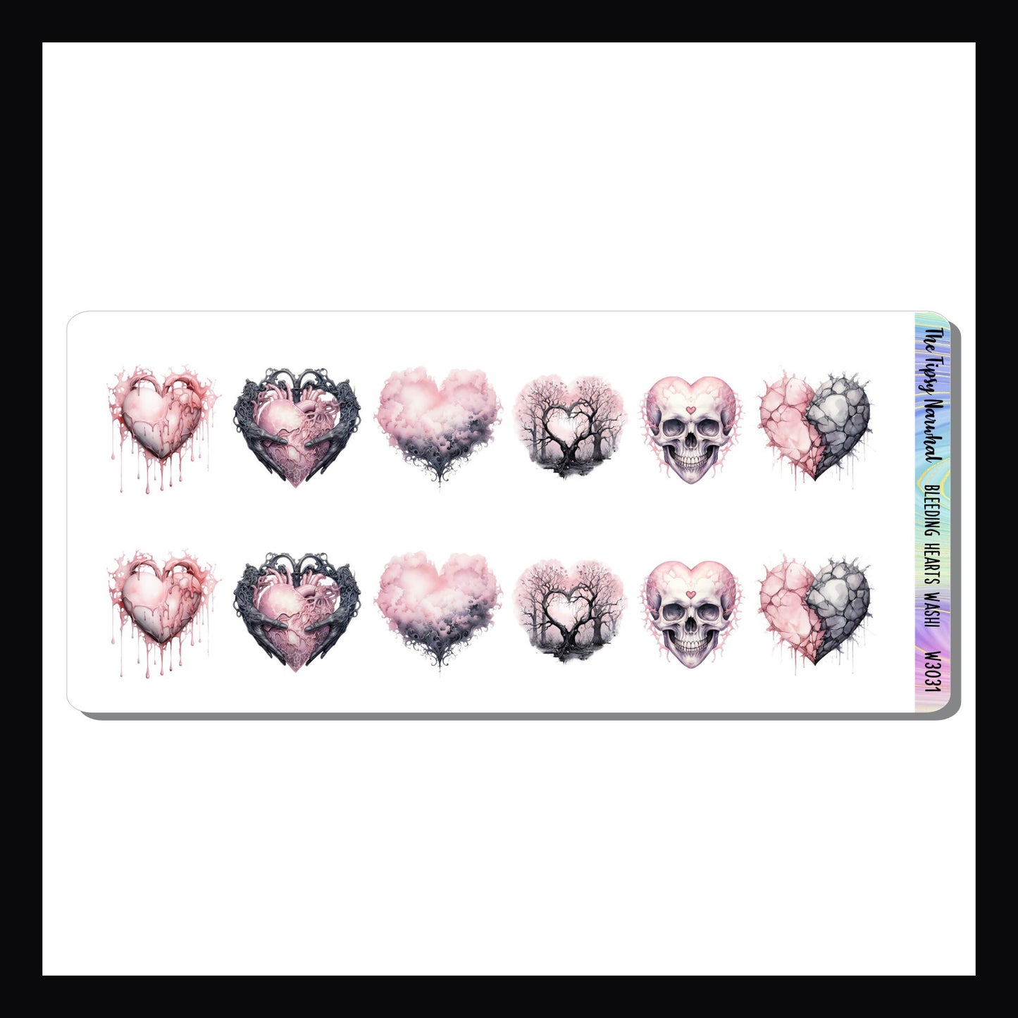 Bleeding Hearts Washi is a sticker sheet featuring two strips of fancy cut washi.  each strip depicts a series of gothic style hearts that match the My Gothic Valentine sticker kits. 