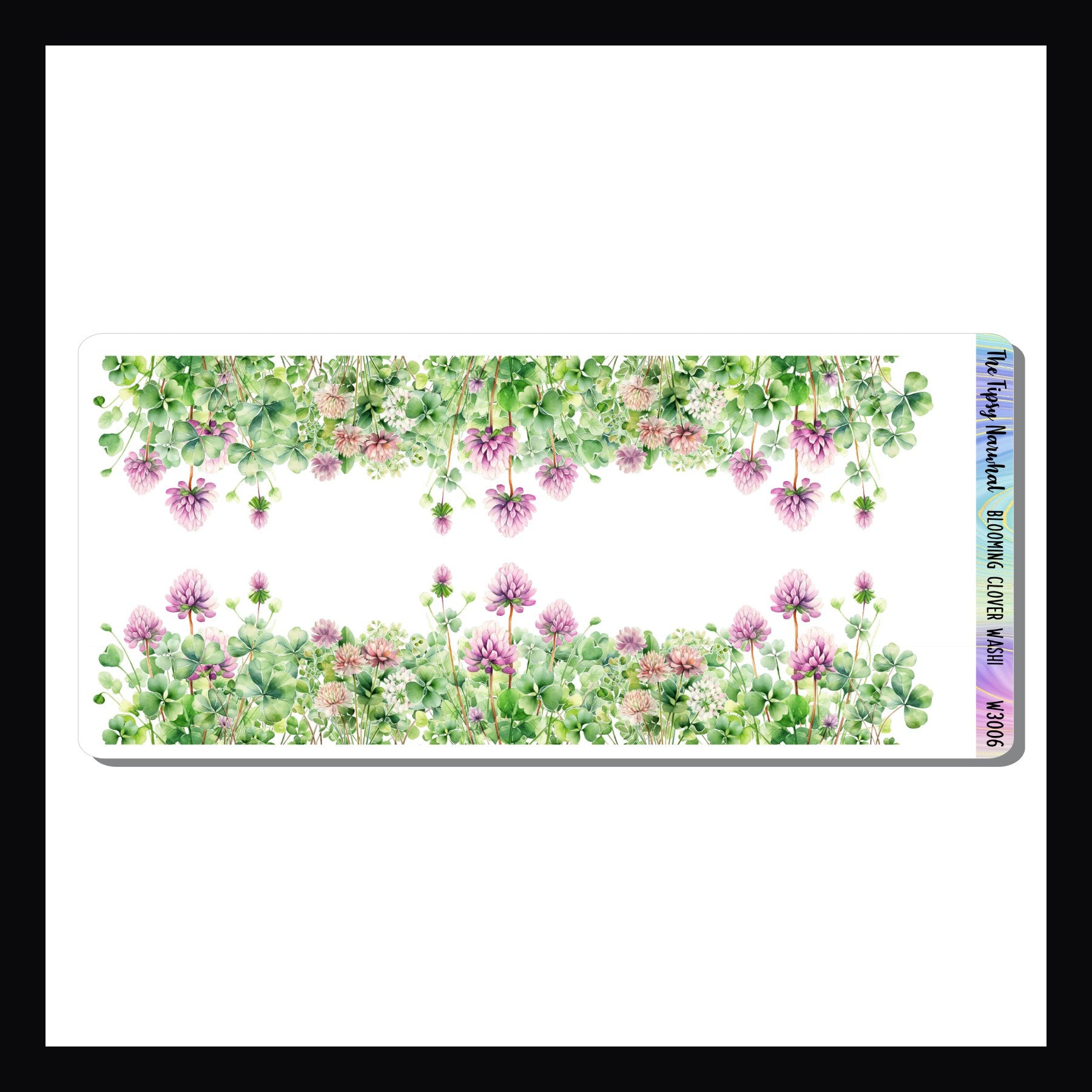 The Blooming Clover Washi sheet features two 7" strips of clover themed washi stickers.  Field of green clovers with delicate pink and purple blooms scattered throughout. 