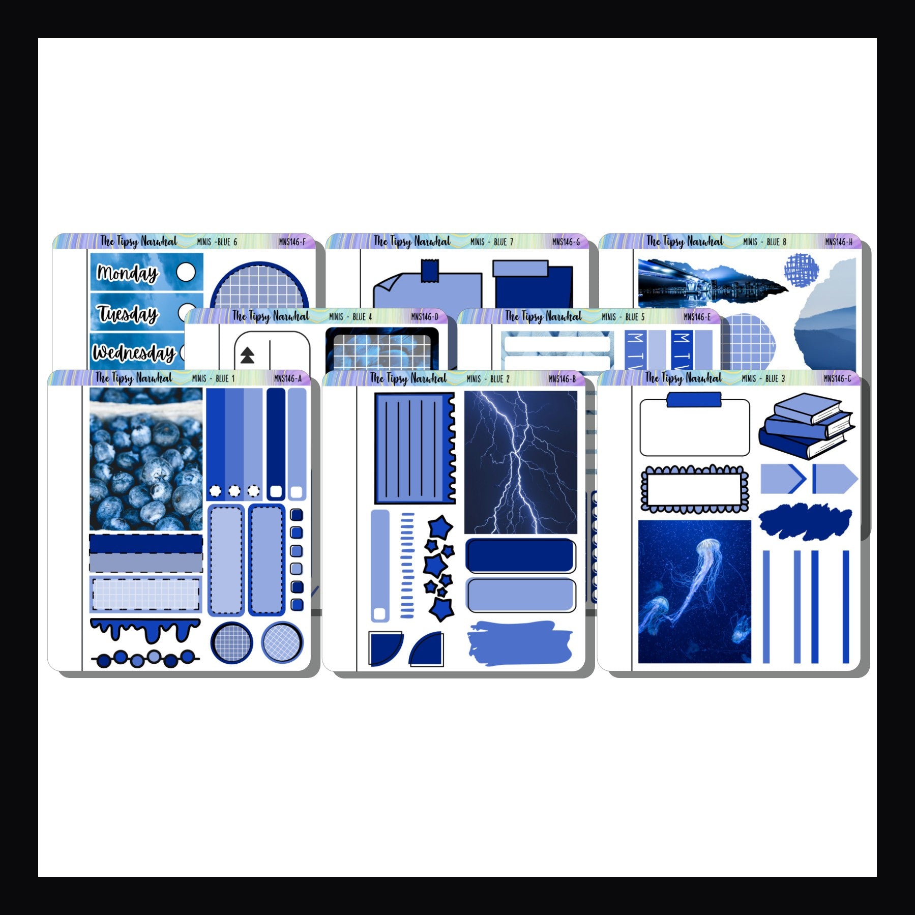 Blue Freestyle Minis is a collection of 8 quarter sized sticker sheets focused on the color blue. 