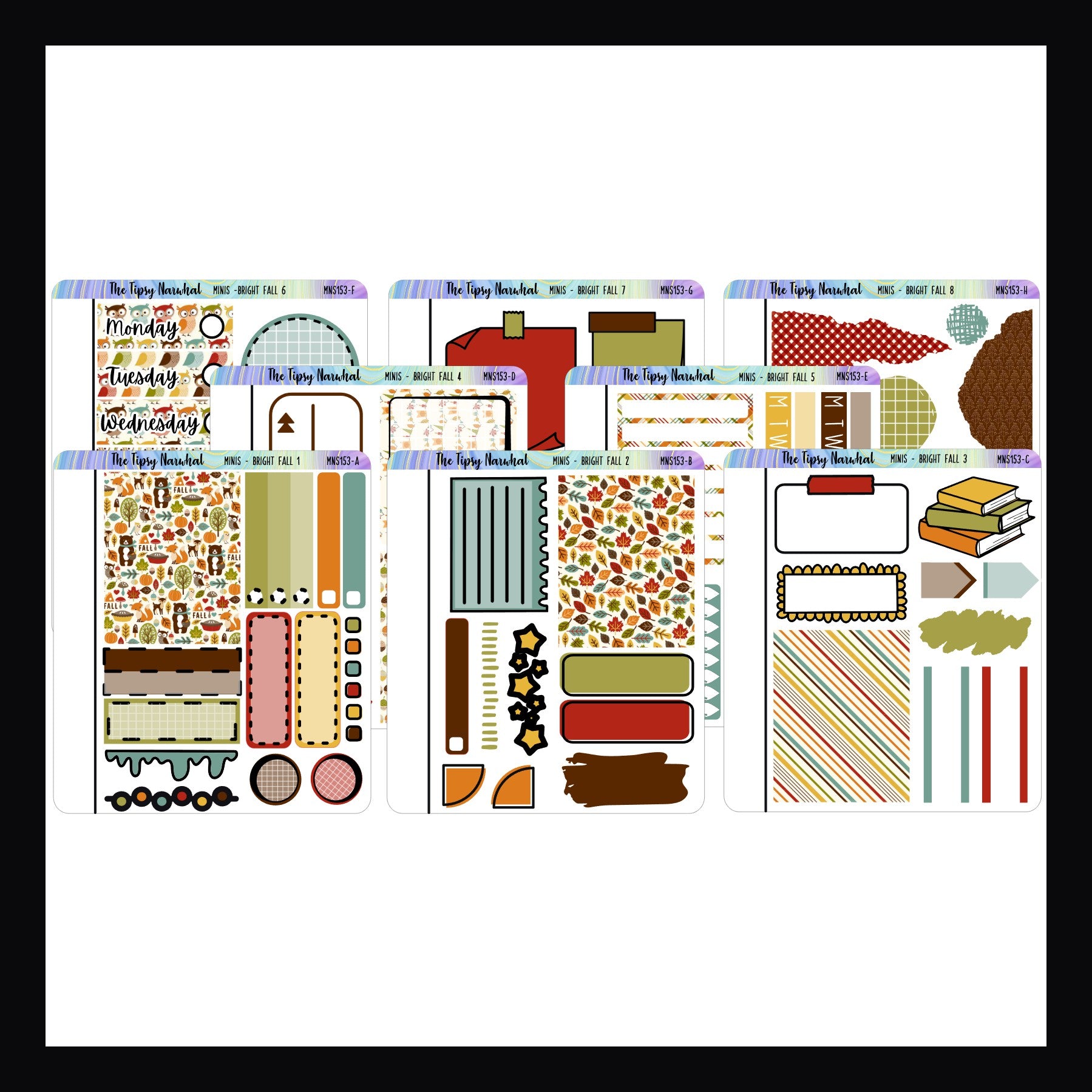 Bright Fall Freestyle Minis.  A collection of 8 small sticker sheets featuring a cozy fall theme in bright autumn colors. Shown on a white background.