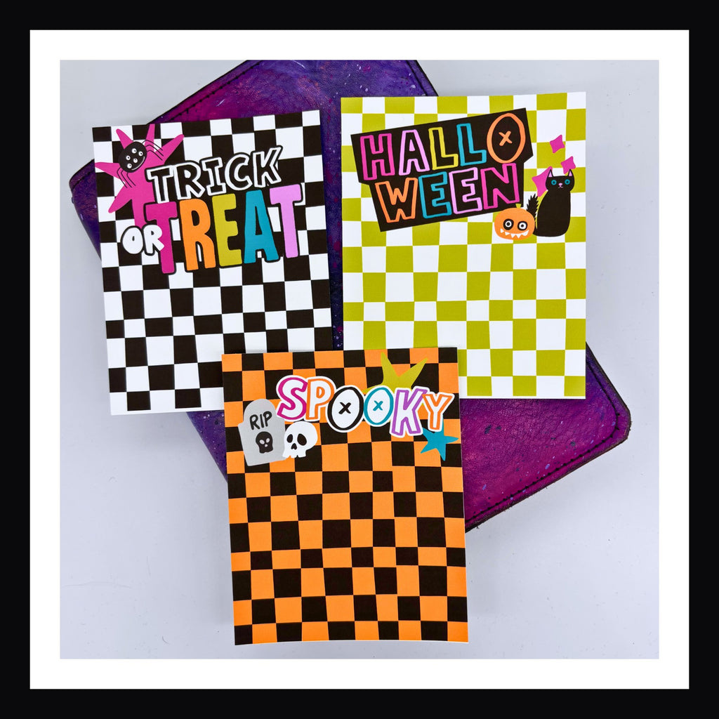 Bright Halloween Shaker Folder includes 3 Halloween themed cards.  Each card features a checkerboard pattern and a neon Halloween sentiment.