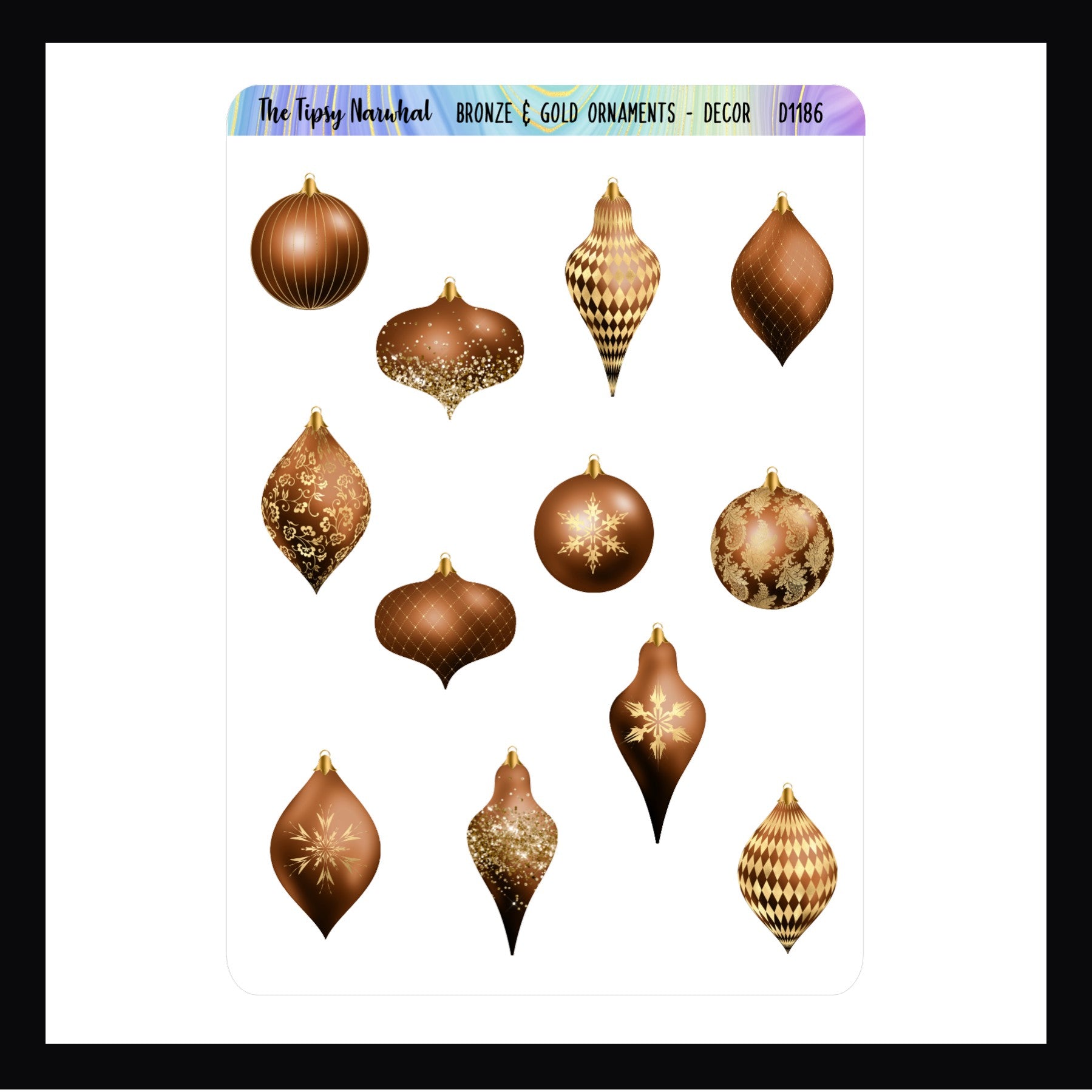 Bronze & Gold Ornaments Decor sheet features 12 bronze and gold colored ornament stickers in various shapes.  Shown on a white background.